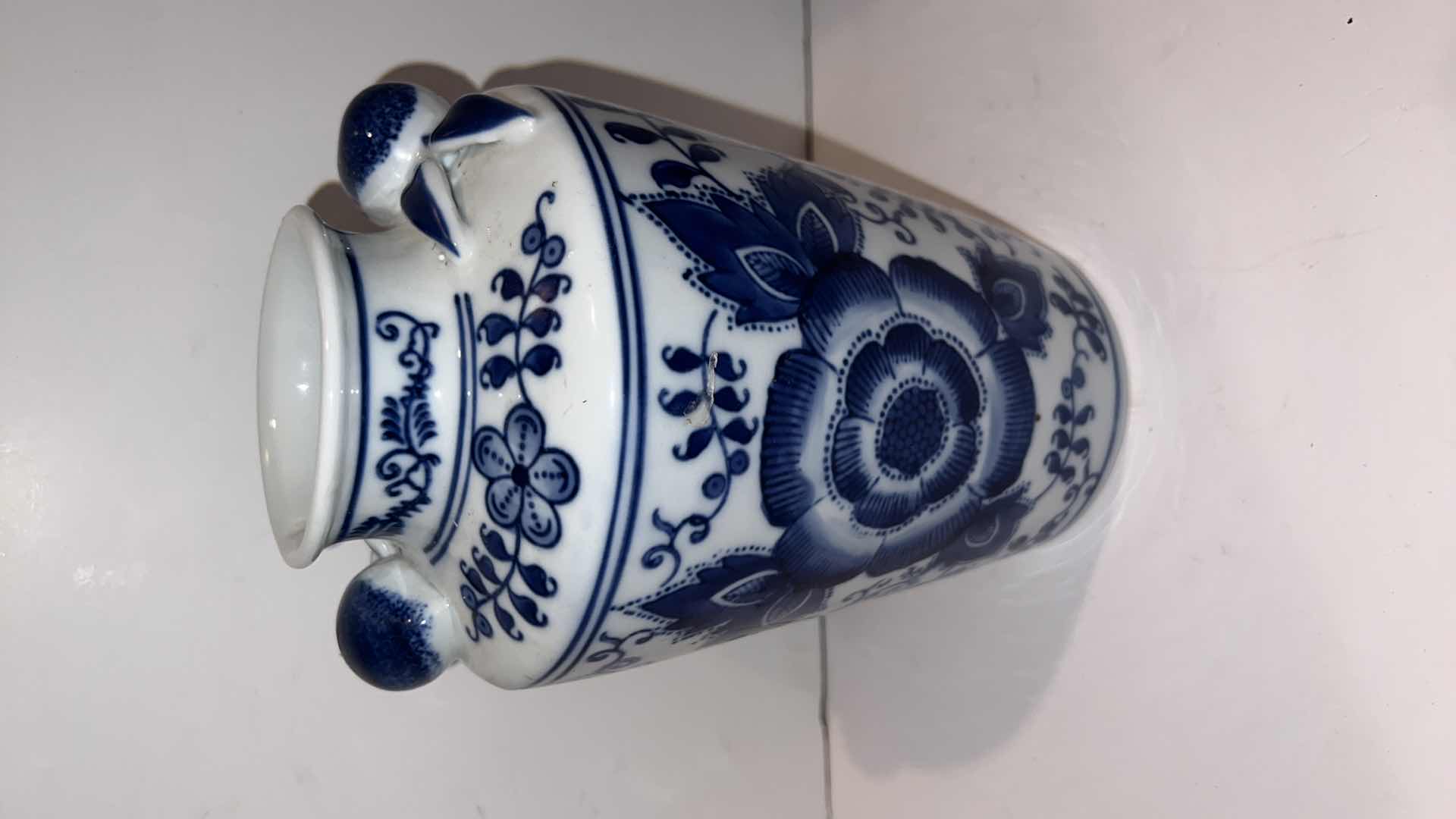 Photo 1 of 3-BLUE & WHITE CERAMIC VASE JARS ( TALLEST HEIGHT 10”)