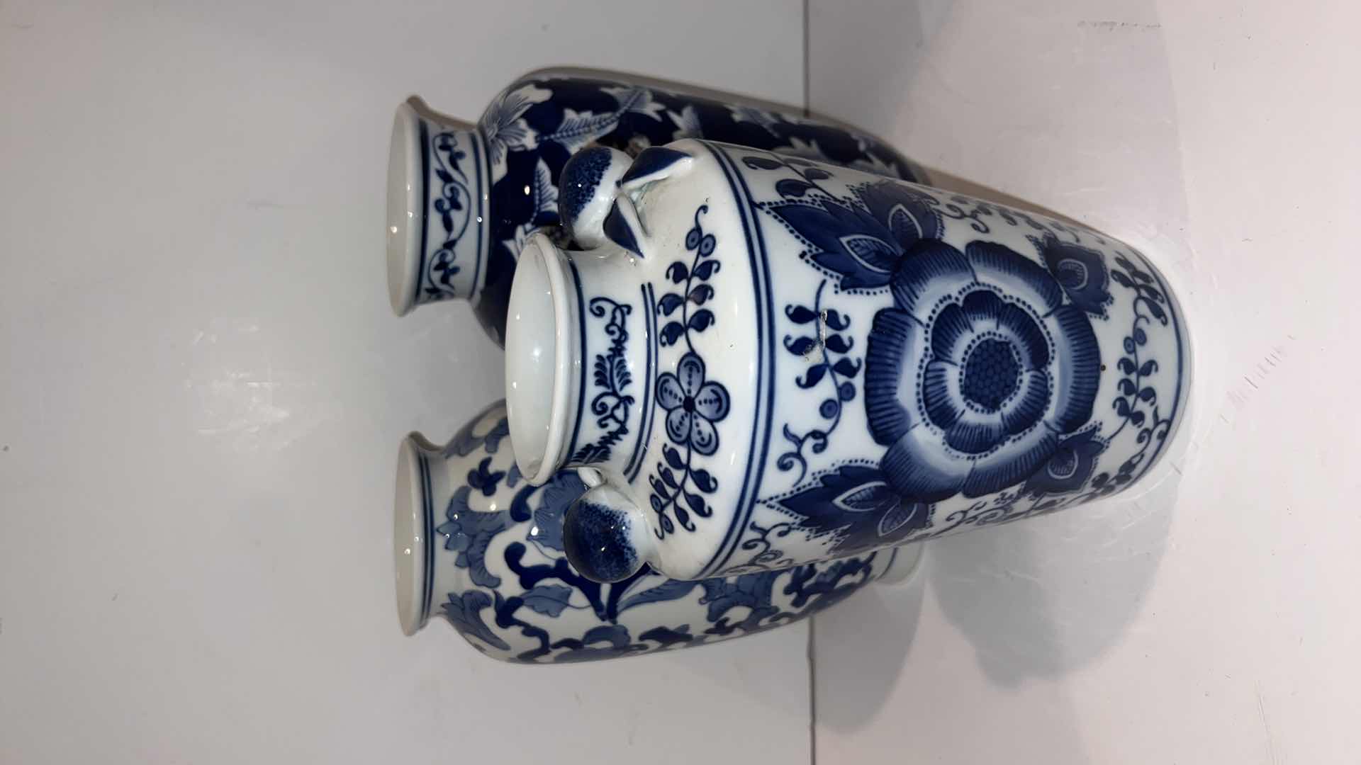 Photo 1 of 3-BLUE & WHITE CERAMIC VASE JARS ( TALLEST HEIGHT 10”)