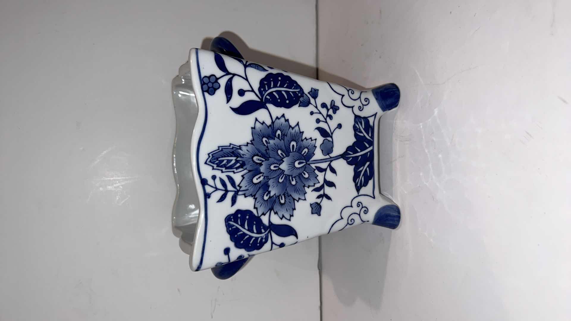 Photo 1 of 3-BLUE & WHITE VASES (TALLEST HEIGHT 8”)