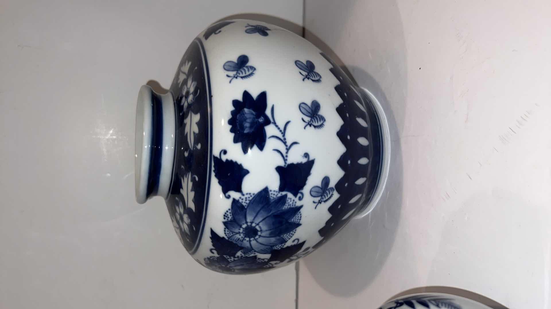 Photo 1 of 3-BLUE & WHITE CERAMIC VASES (TALLEST HEIGHT 8”)