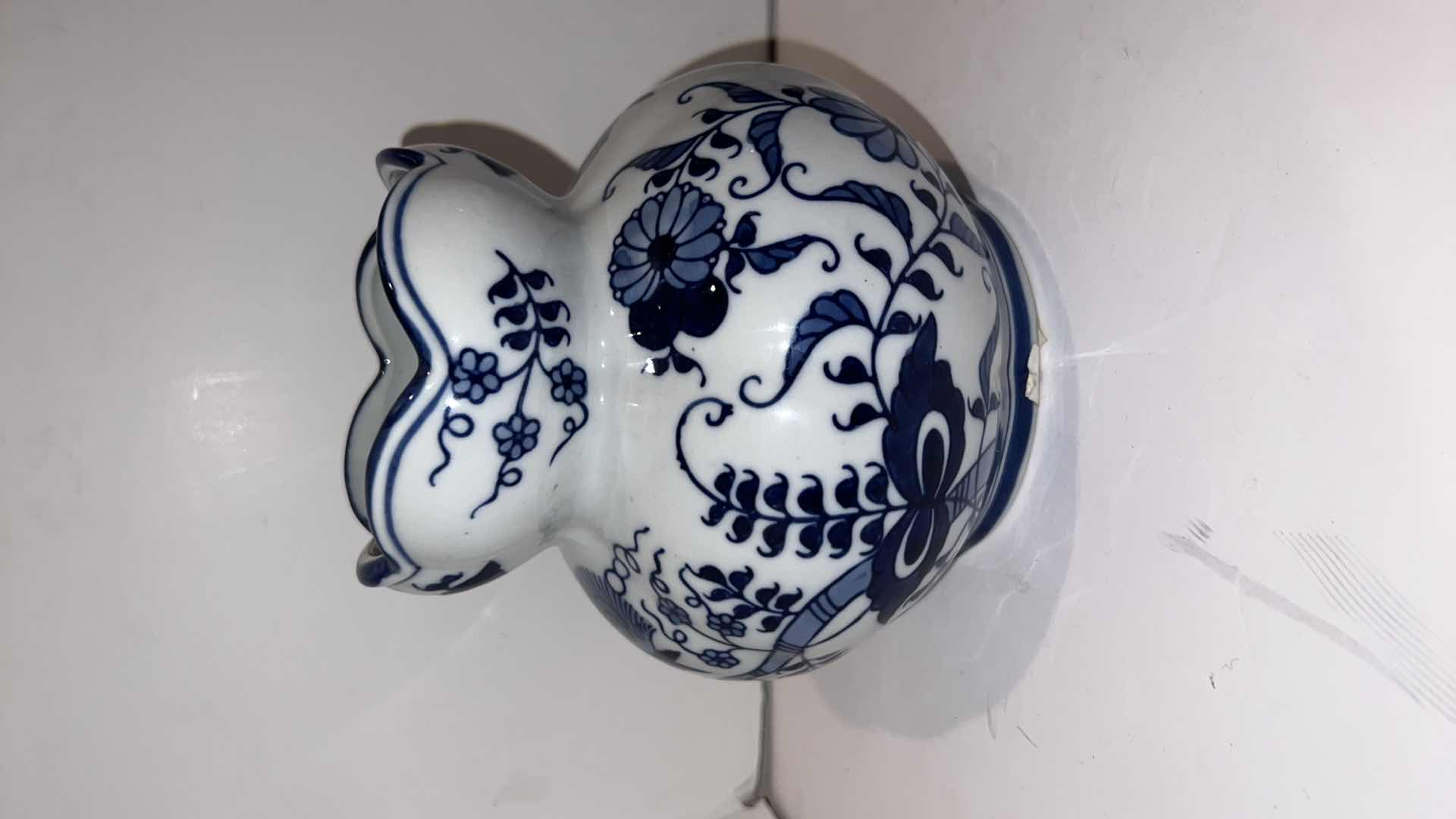 Photo 1 of 3-BLUE & WHITE CERAMIC VASES (TALLEST HEIGHT 8”)