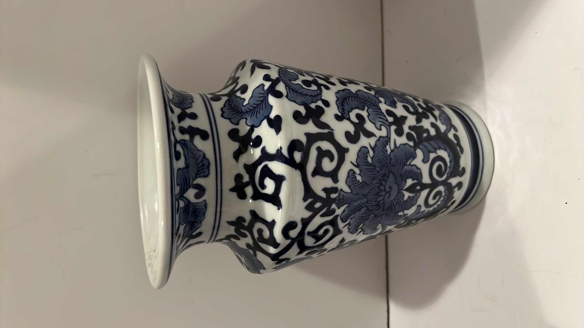 Photo 1 of 3-BLUE & WHITE CERAMIC VASES(TALLEST HEIGHT 11”)