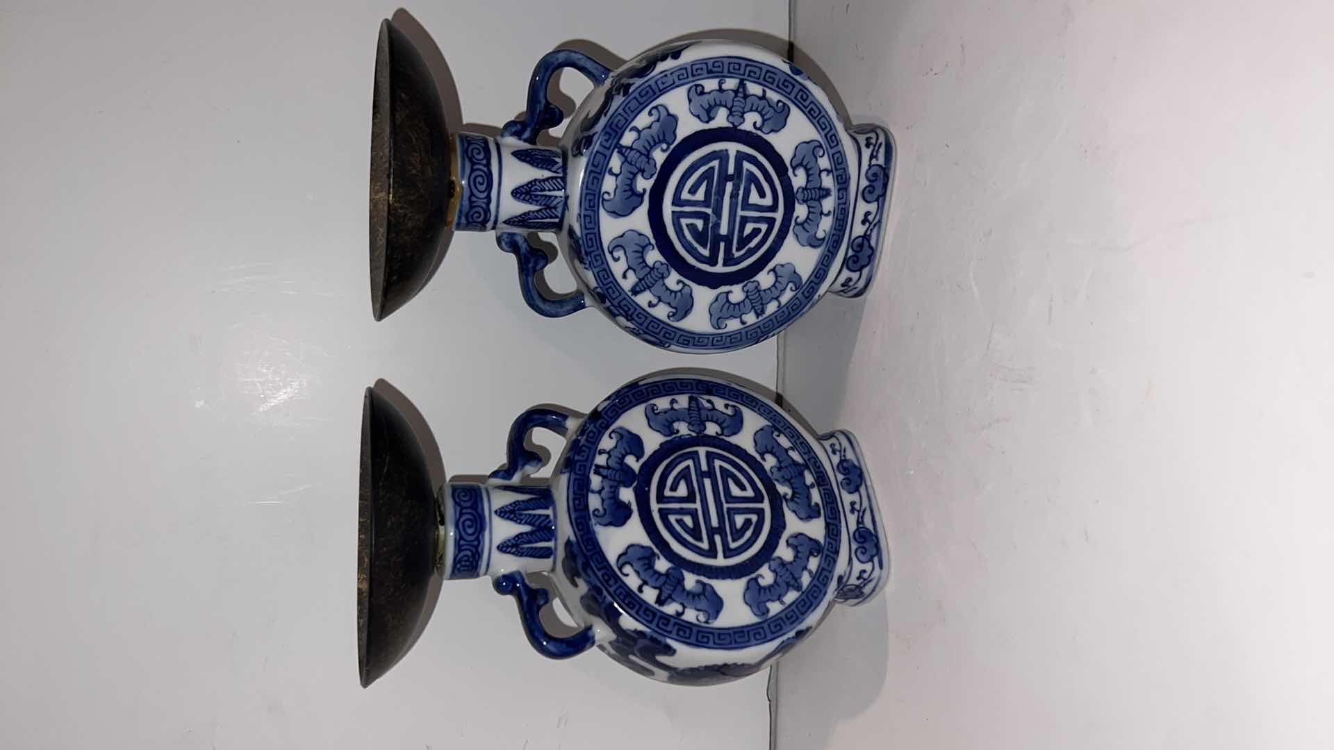 Photo 1 of 2-BLUE & WHITE CERAMIC CANDLEHOLDERS & EGG ON WOOD BASE H7”