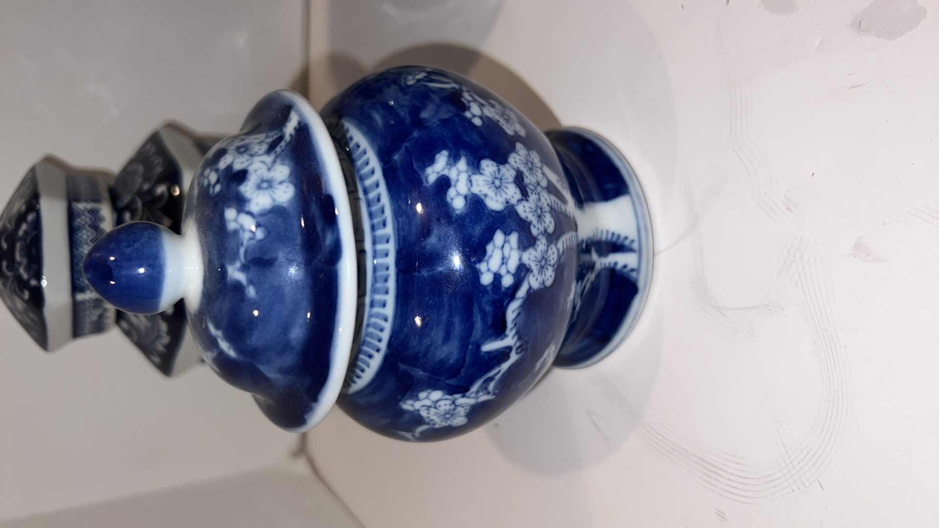 Photo 1 of 4-BLUE & WHITE LIDDED JARS (TALLEST HEIGHT 12”)
