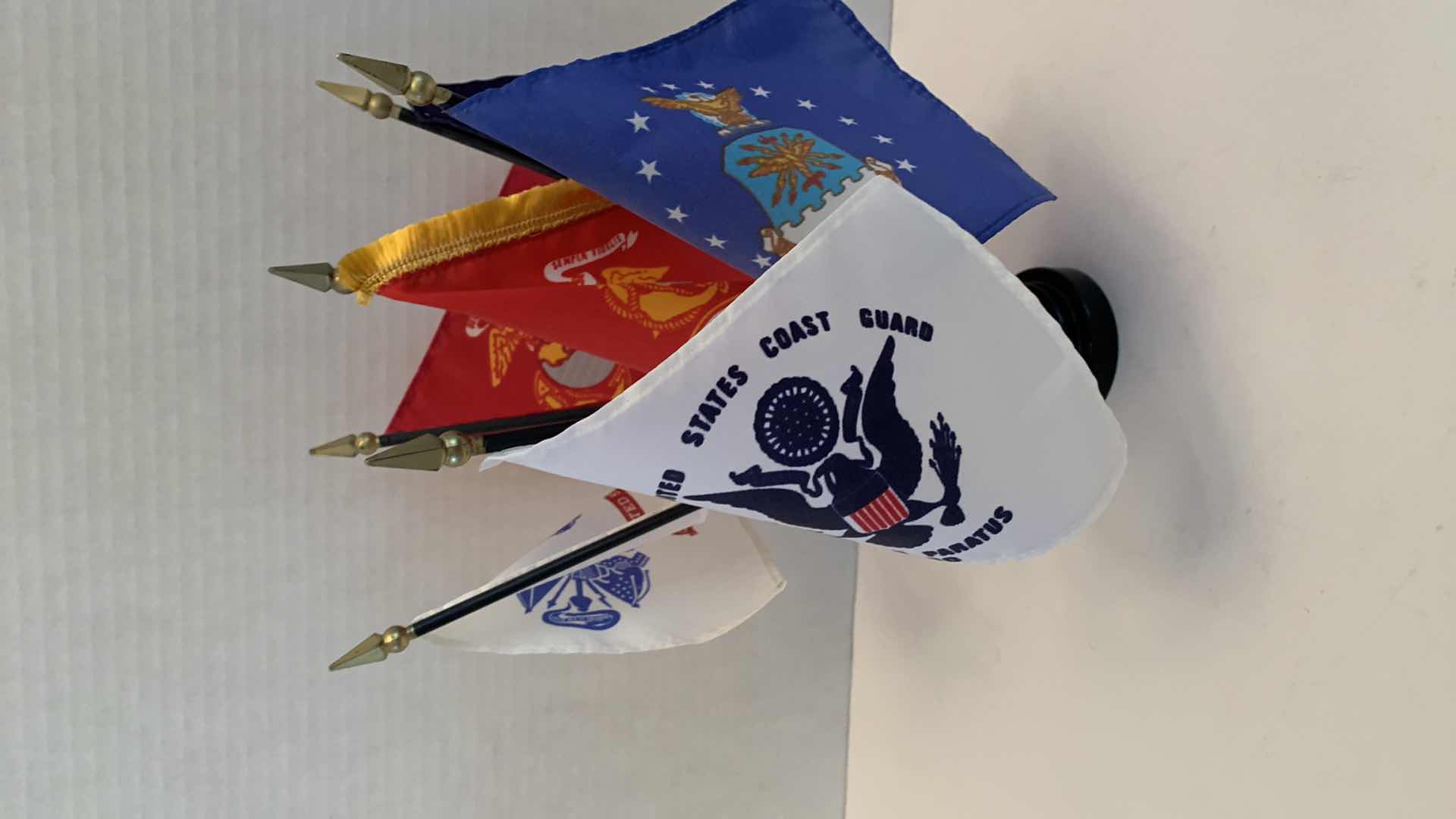 Photo 1 of FLAGS OF THE UNITED STATES ARMED FORCES 12” TALL AND POSTER OF INSIGNIA