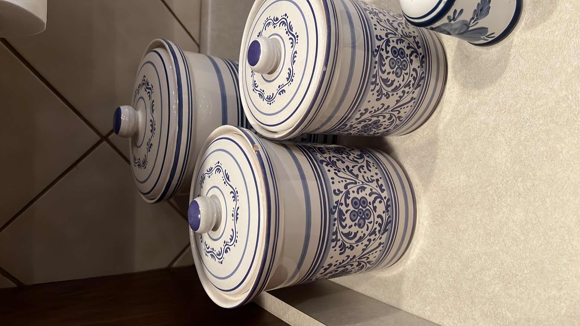 Photo 1 of 6PCS- BLUE & WHITE CERAMIC CANISTER SET, SALT & PEPPER SHAKER, CREAMER