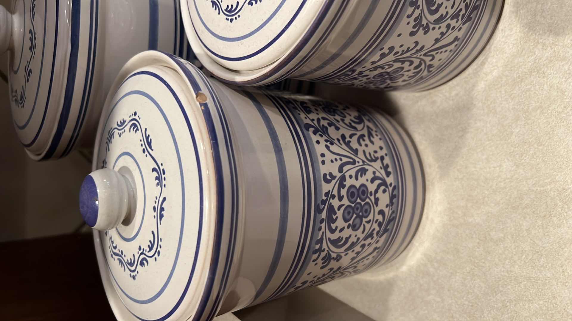 Photo 1 of 6PCS- BLUE & WHITE CERAMIC CANISTER SET, SALT & PEPPER SHAKER, CREAMER