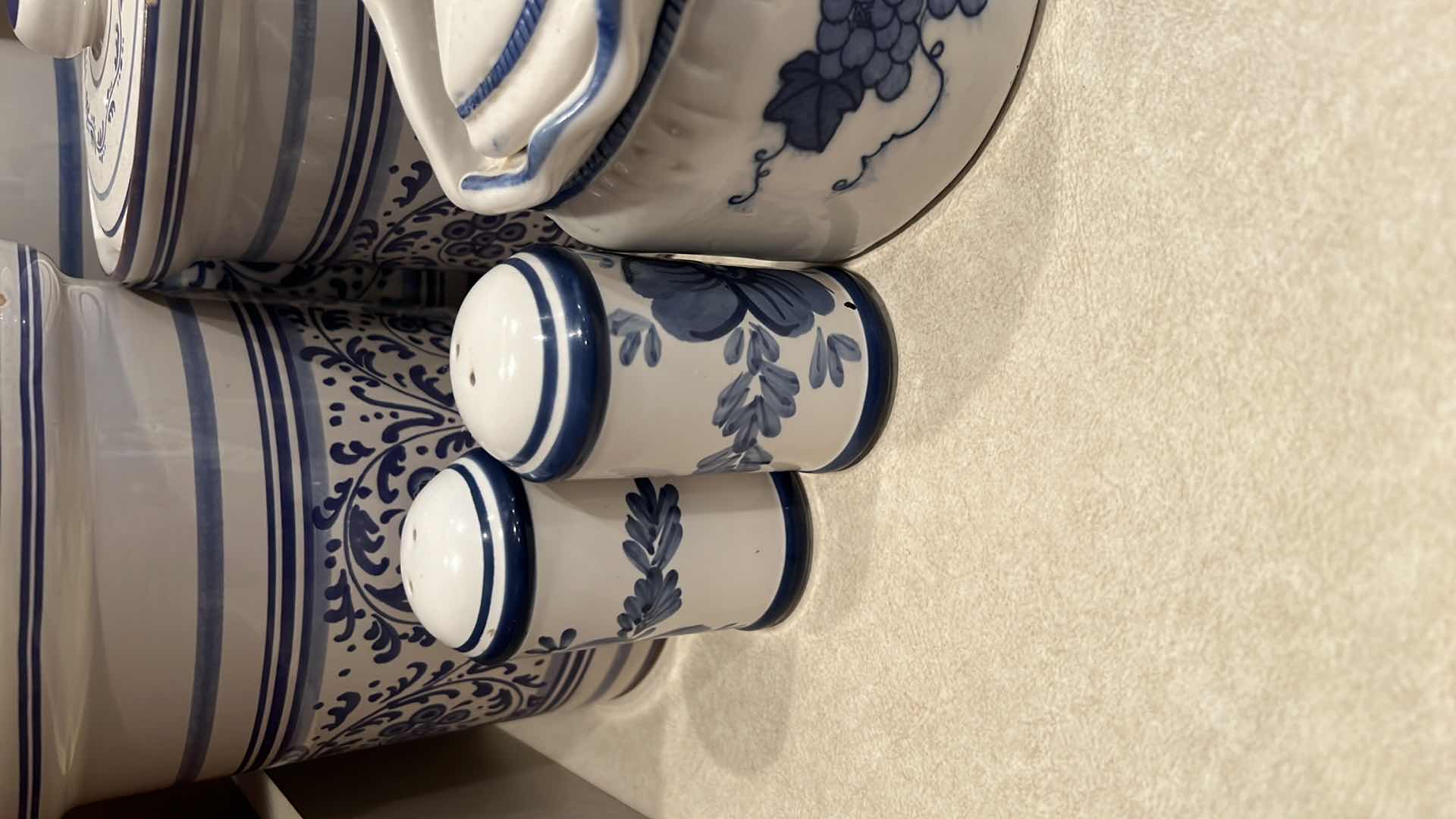 Photo 1 of 6PCS- BLUE & WHITE CERAMIC CANISTER SET, SALT & PEPPER SHAKER, CREAMER