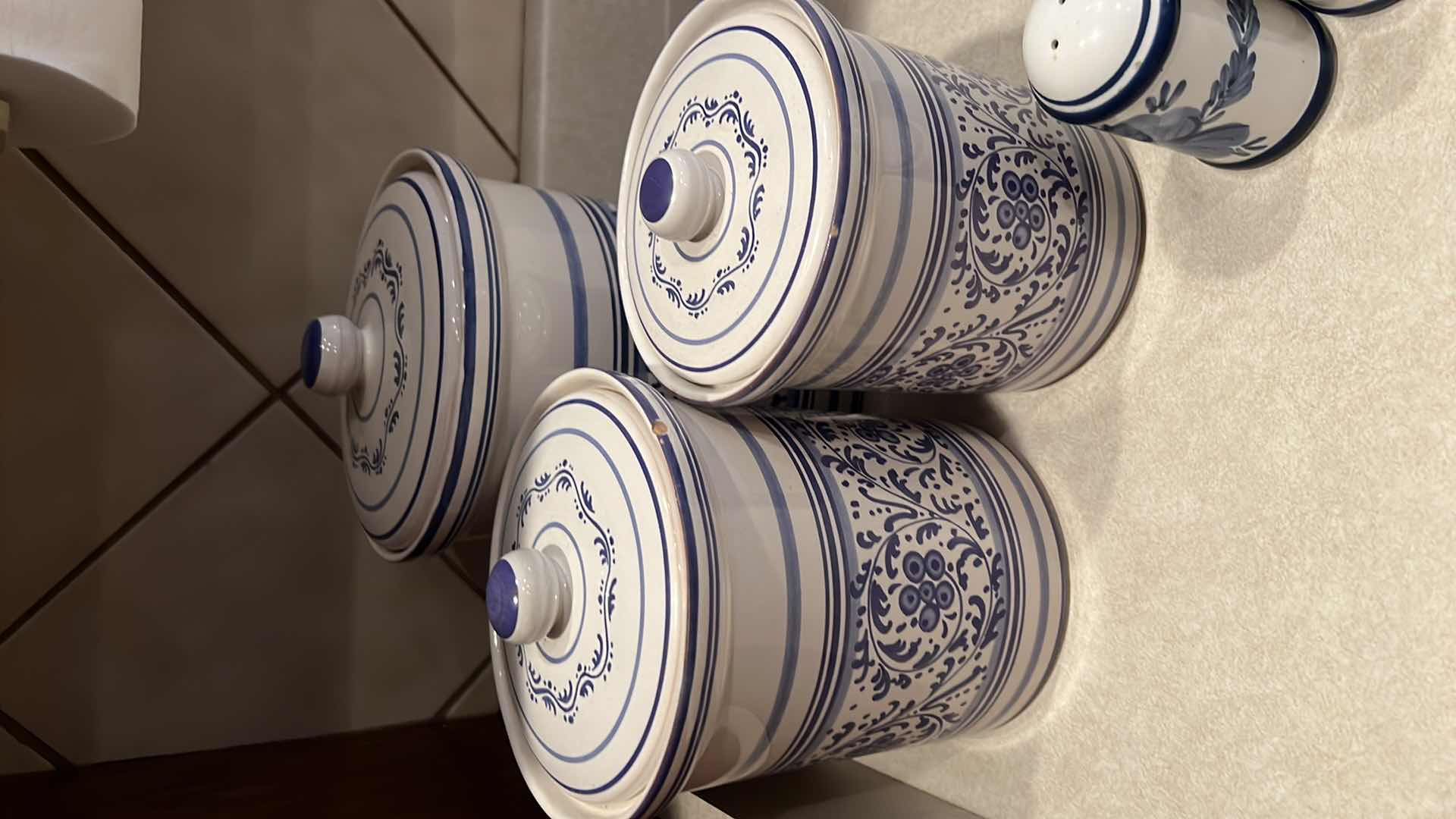 Photo 1 of 6PCS- BLUE & WHITE CERAMIC CANISTER SET, SALT & PEPPER SHAKER, CREAMER