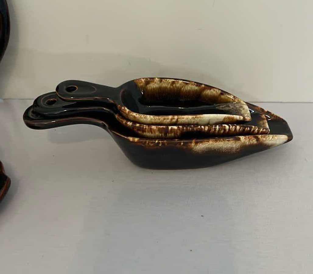 Photo 1 of 6PCS-VINTAGE PFALTZGRAFF GOURMET BROWN DRIP GLAZE BUTTER DISH, MEASURING SPOONS & SPOON REST