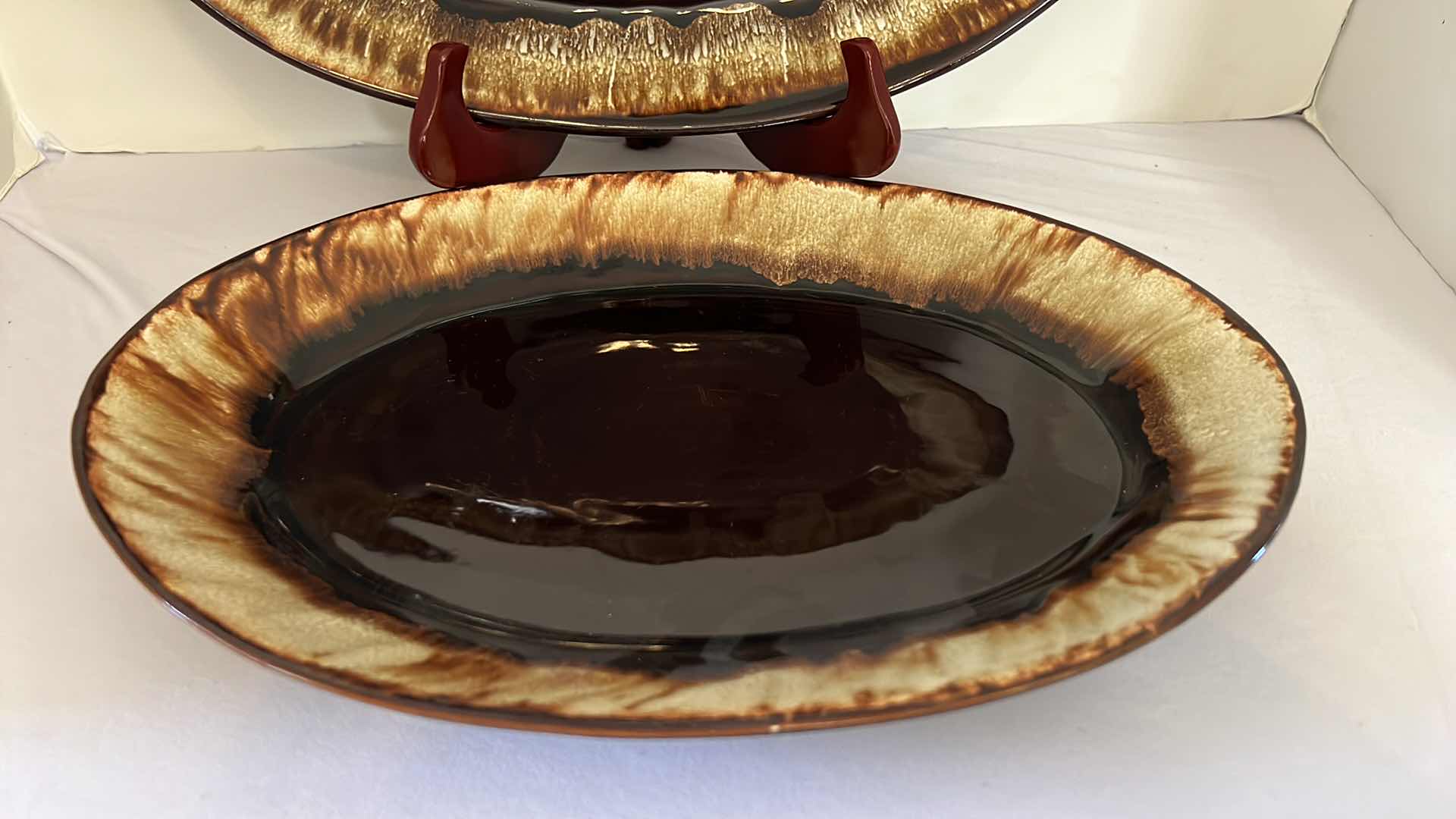 Photo 1 of 2-VINTAGE PFALTZGRAFF GOURMET BROWN DRIP GLAZE SERVING PLATTERS (W16" & W14")