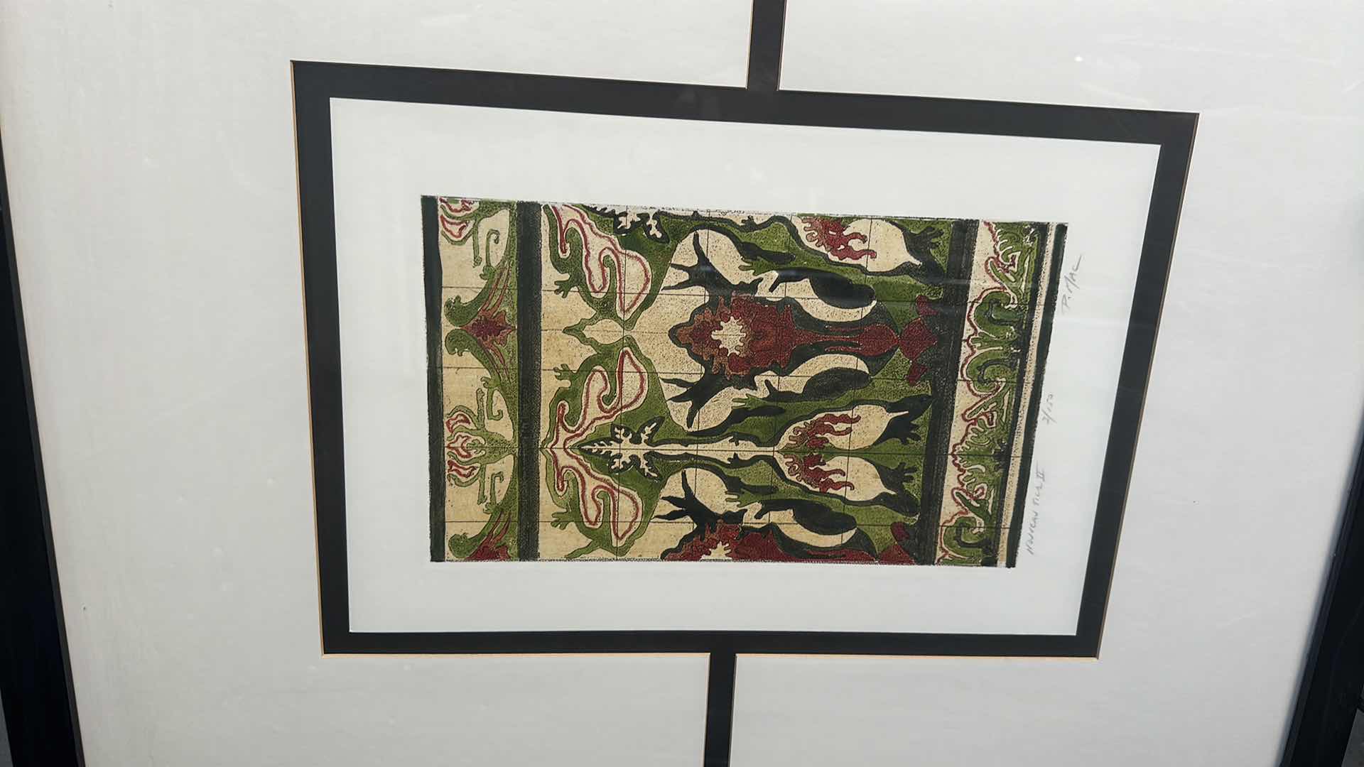 Photo 1 of FRAMED "GREEN W BURGUNDY ABSTRACT" ARTWORK  28” X  35” (EASEL NOT INCLUDED)