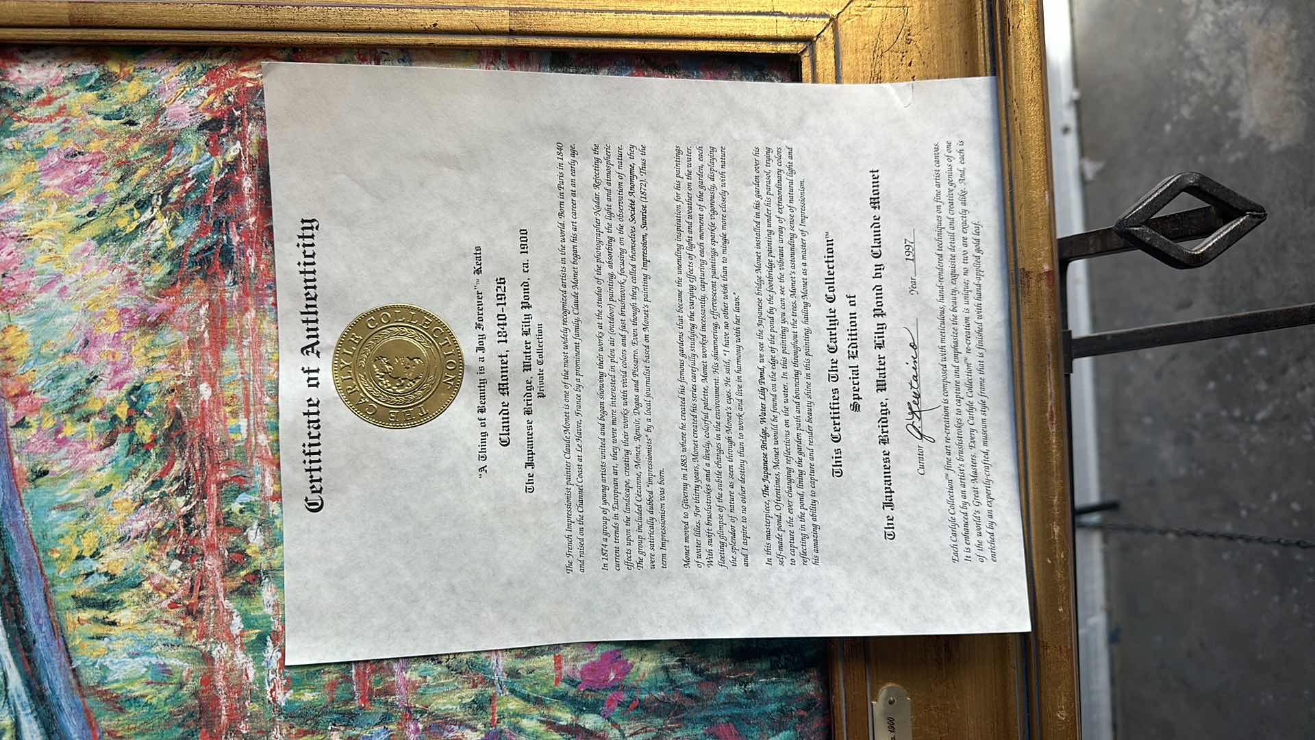 Photo 1 of GOLD FRAMED VINTAGE  "JAPANESE BRIDGE WATER LILY POND" OIL PAINTING W COA CLAUDE MONET 1840-1926  34”X 25”  (EASEL NOT INCLUDED)