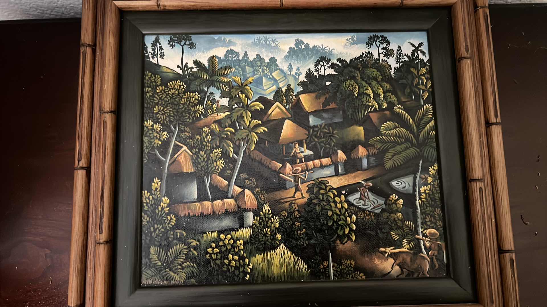 Photo 1 of 2-CANE WOOD FRAMED "TROPICAL PARADISE" ARTIST SIGNED ARTWORKS 13" x 12"