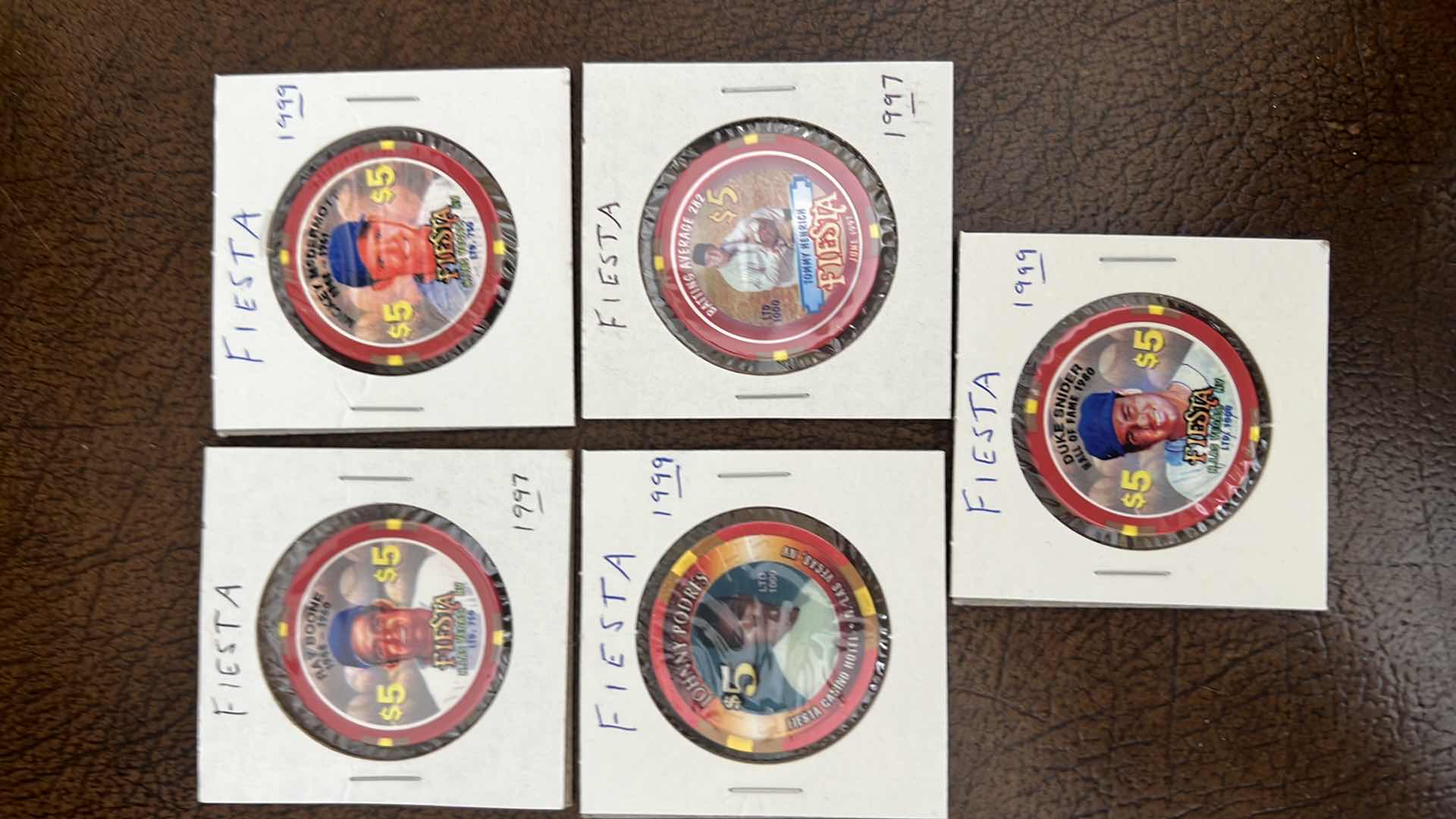 Photo 1 of 5-NEW RARE FIESTA SPORTS EDITION BASEBALL PLAYERS $5 CASINO CHIPS