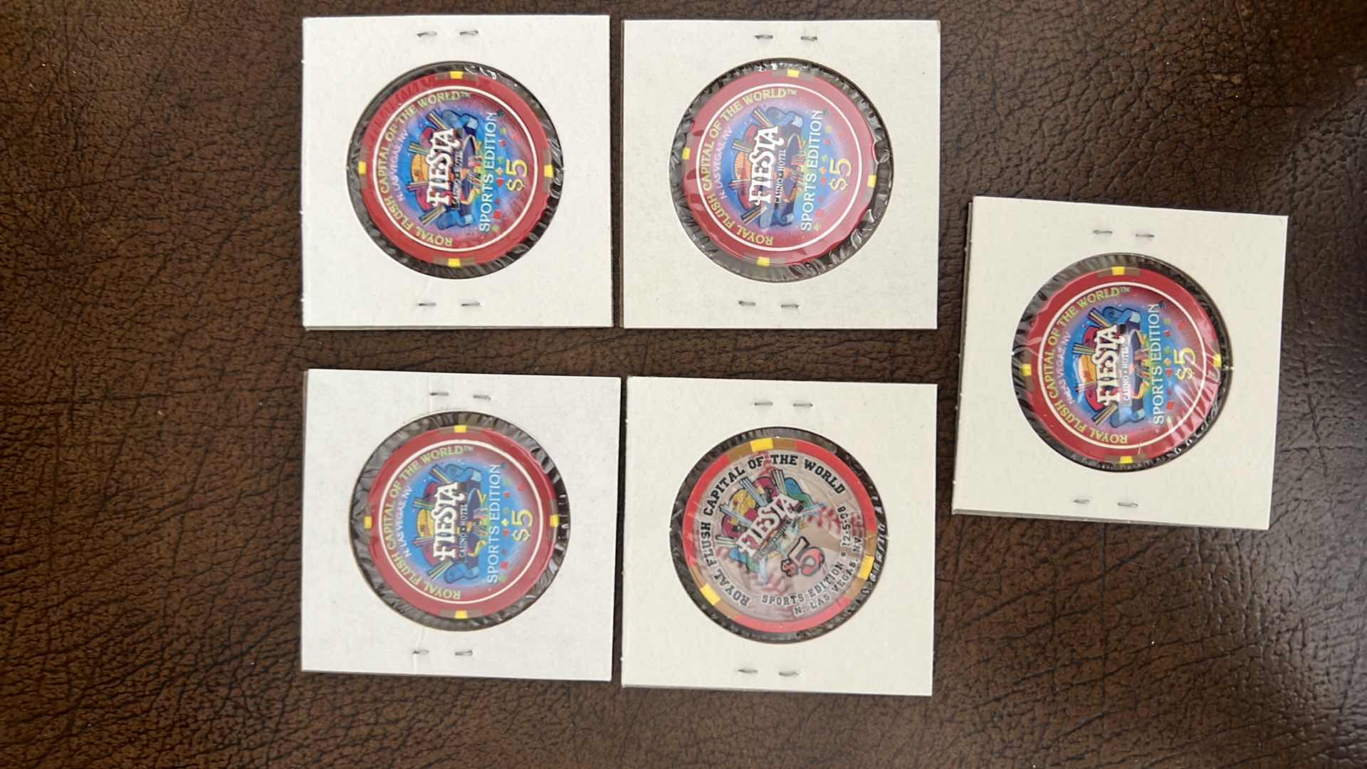 Photo 1 of 5-NEW RARE FIESTA SPORTS EDITION BASEBALL PLAYERS $5 CASINO CHIPS