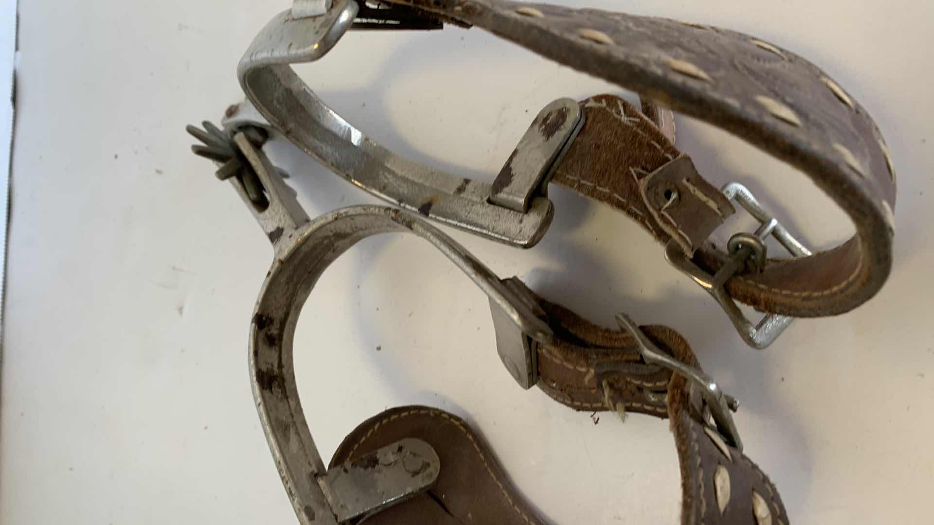 Photo 1 of ANTIQUE NICKEL OVER METAL LEATHER "NORTH AND JUDD" COWBOY SPURS