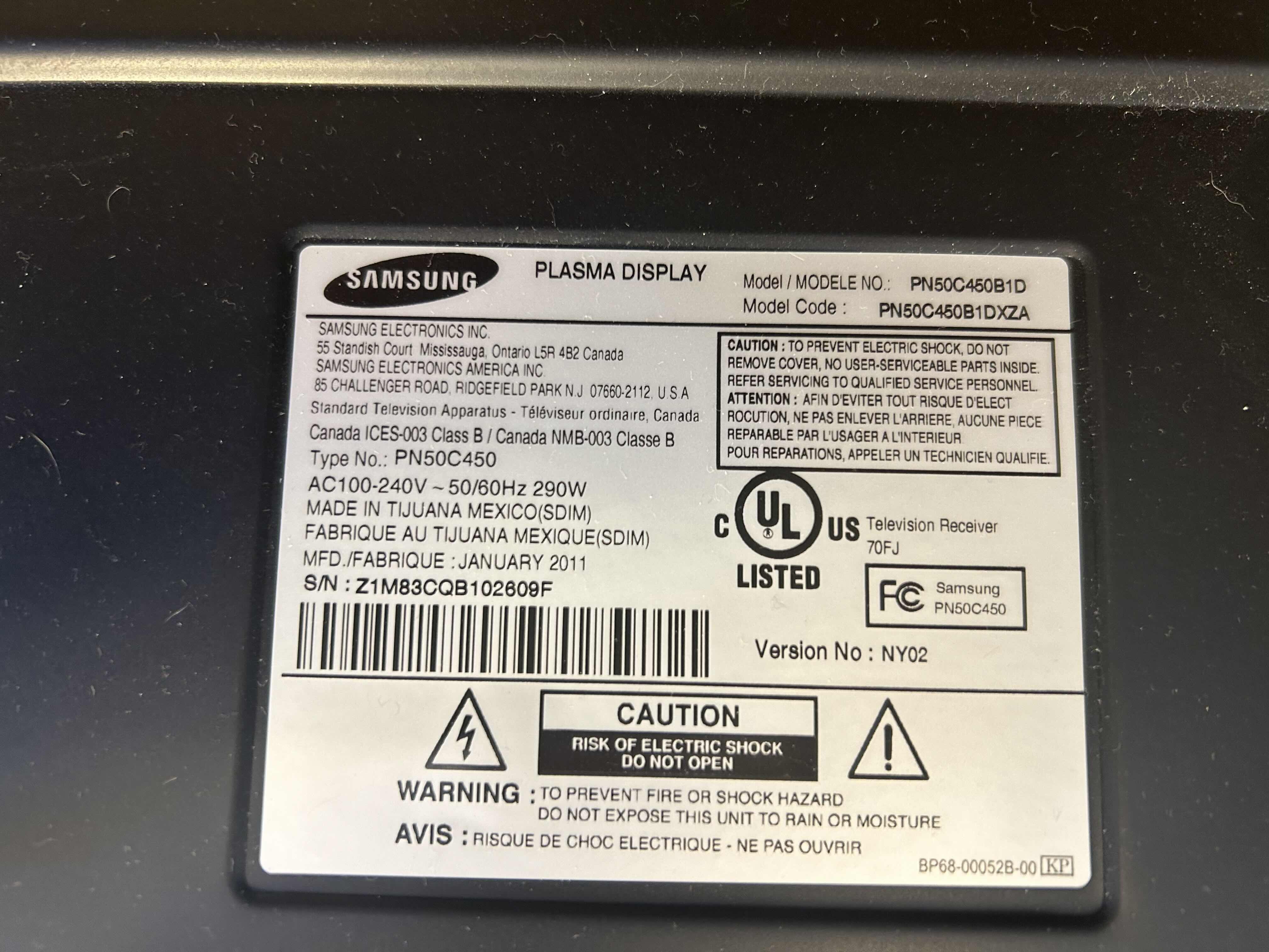 Photo 1 of 50” SAMSUNG PLASMA TELEVISION WITH DETACHED STAND AND REMOTE