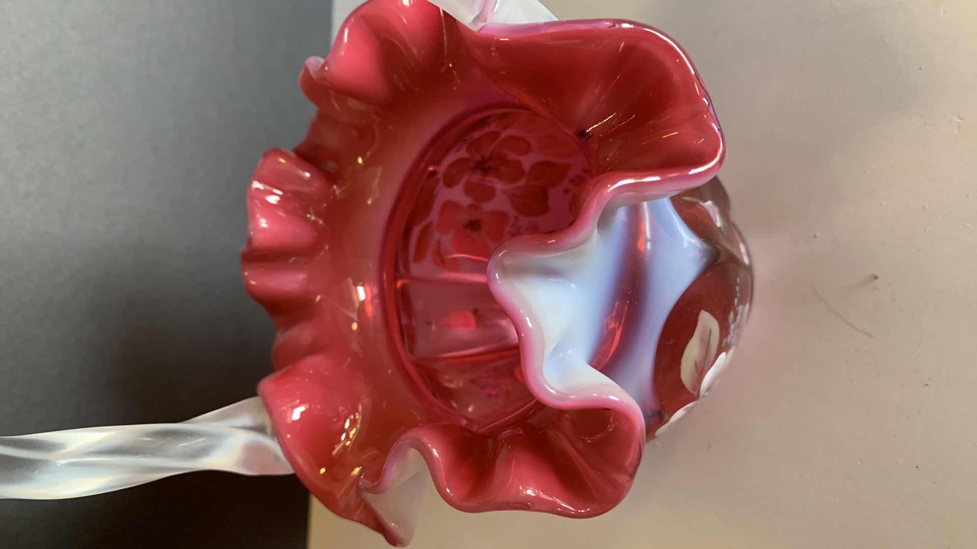 Photo 1 of FENTON CRANBERRY OPALESCENT HAND PAINTED VASE 9” TALL