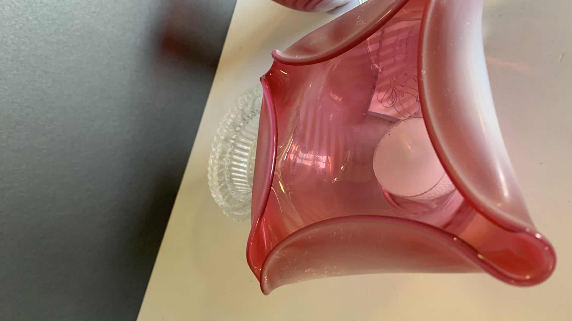 Photo 1 of 2-VINTAGE FENTON CRANBERRY OPALESCENT GLASS W SWIRL DRAPE BASE  (FAIRLY LAMP & SMALL VASE)