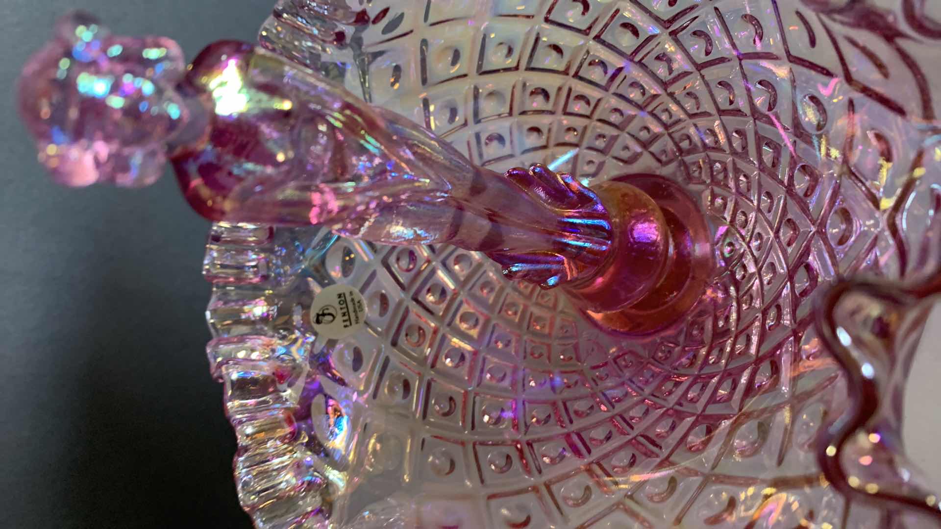 Photo 1 of FENTON PINK IRIDESCENT CARNIVAL GLASS "SEPTEMBER MORN NYMPH"  IN BOWL H9.5"