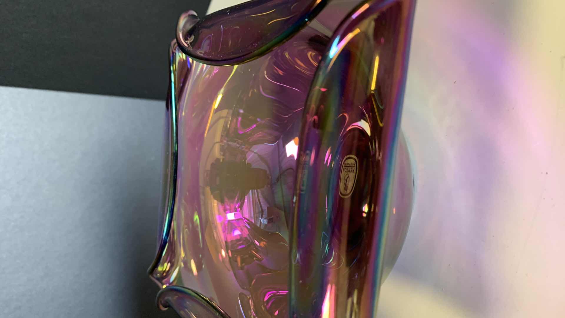 Photo 1 of 2 PCS- VINTAGE FENTON PURPLE DRAPE IRIDESCENT CARNIVAL GLASS, CRYSTAL CLEAR GLASS CANDLE HOLDER