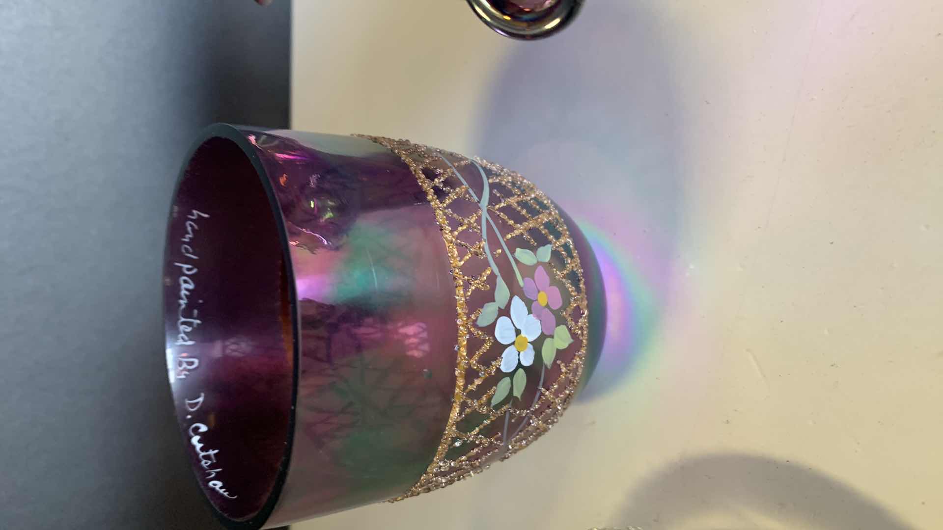 Photo 1 of 2 PCS- VINTAGE FENTON PURPLE DRAPE IRIDESCENT CARNIVAL GLASS, CRYSTAL CLEAR GLASS CANDLE HOLDER