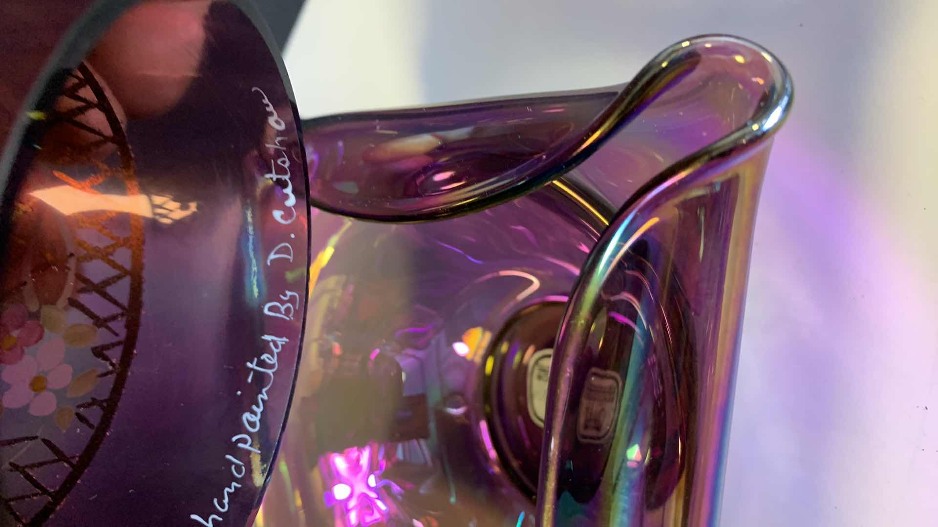 Photo 1 of 2 PCS- VINTAGE FENTON PURPLE DRAPE IRIDESCENT CARNIVAL GLASS, CRYSTAL CLEAR GLASS CANDLE HOLDER