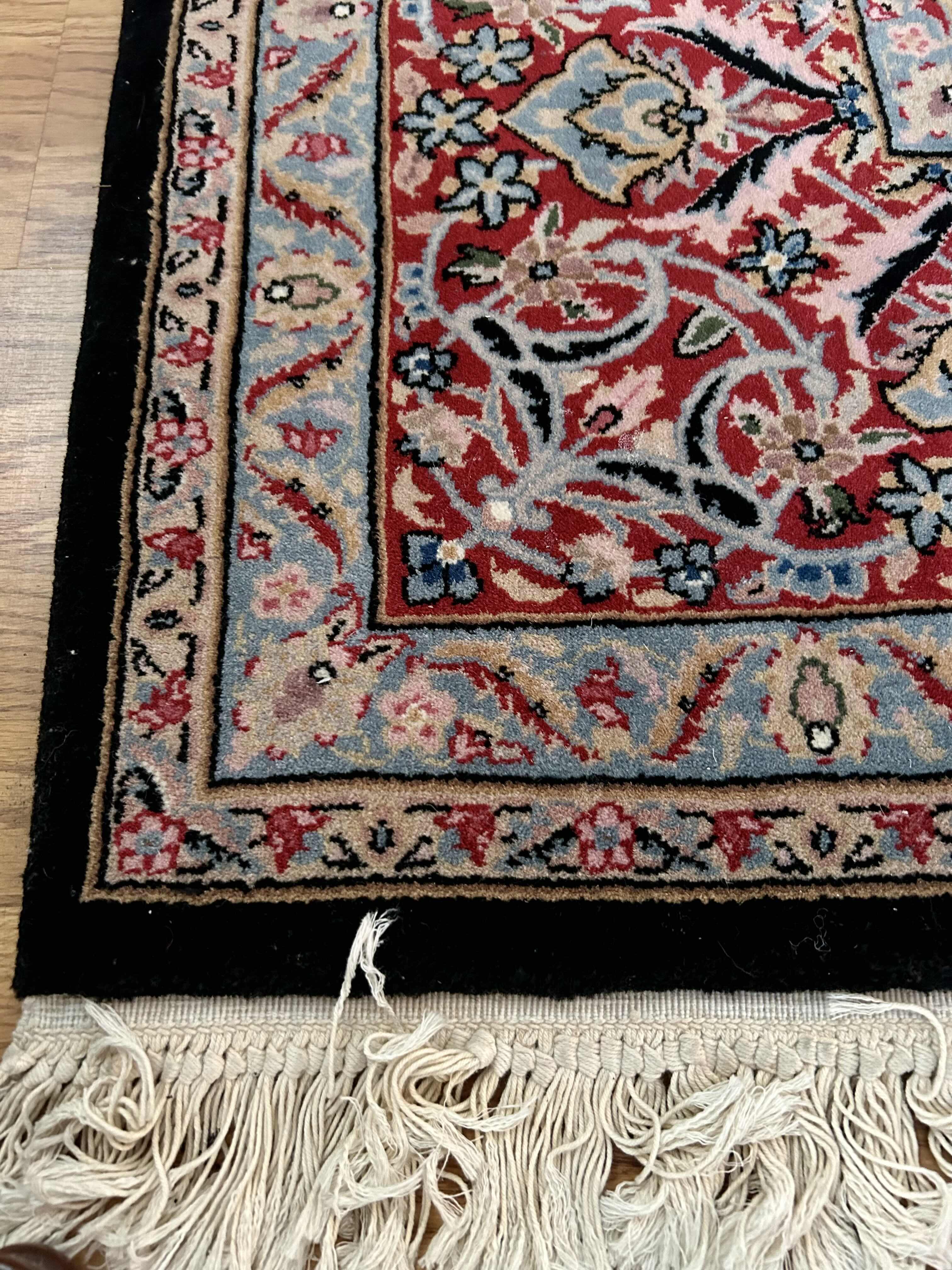 Photo 1 of BLACK W BURGUNDY FRAYED EDGE AREA RUG  81” X 117” 