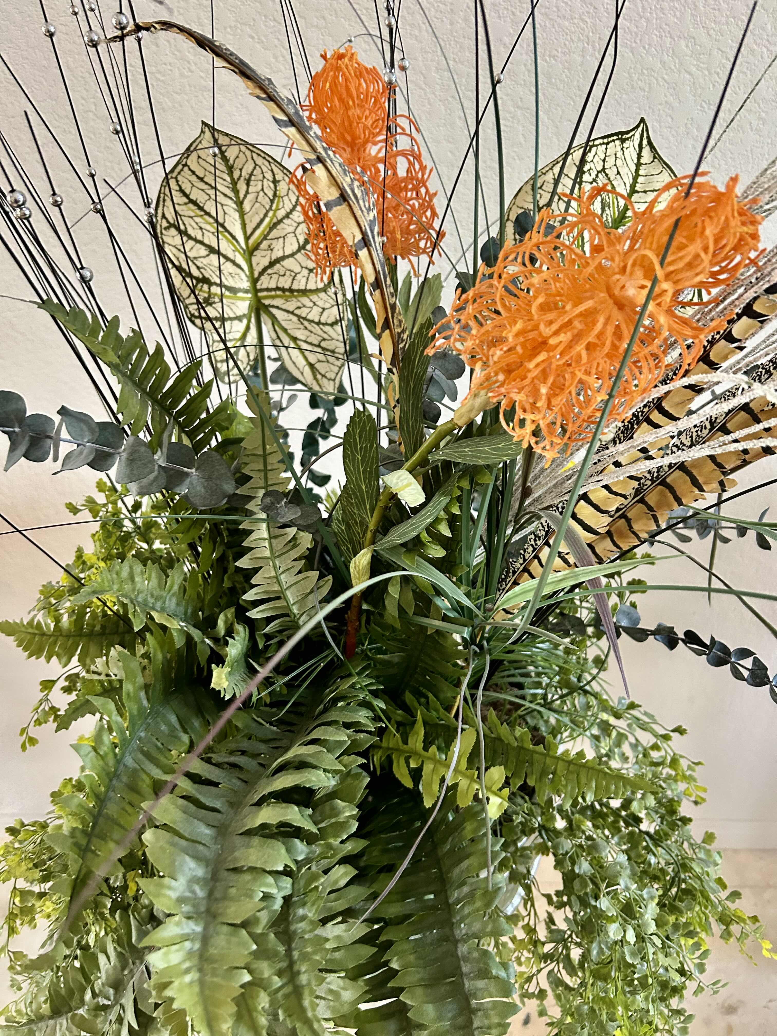 Photo 1 of FAUX FLOWER ARRANGEMENT IN SILVER POT AND BLACK METAL STAND H61”