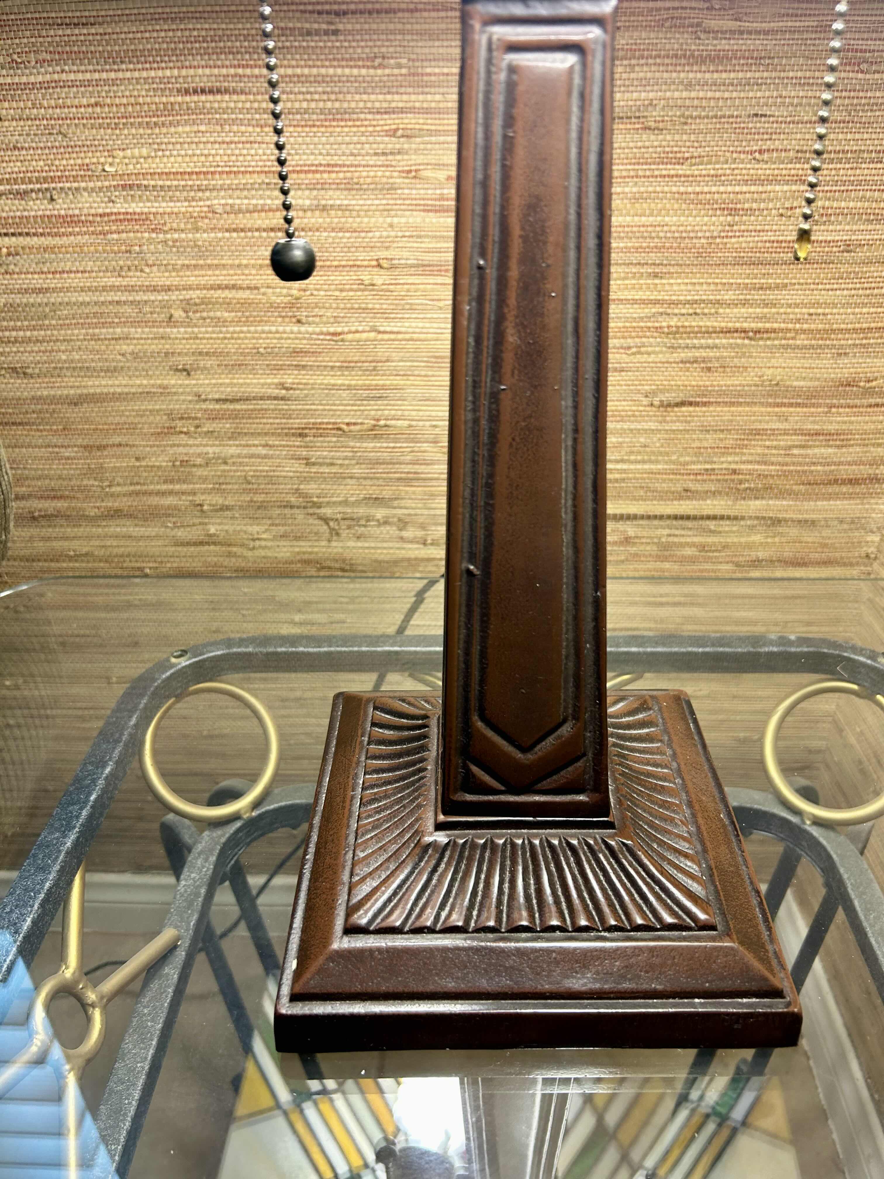 Photo 1 of TIFFANY STYLE TABLE LAMP W HARD RESIN STAIN GLASS SHADE H22"
