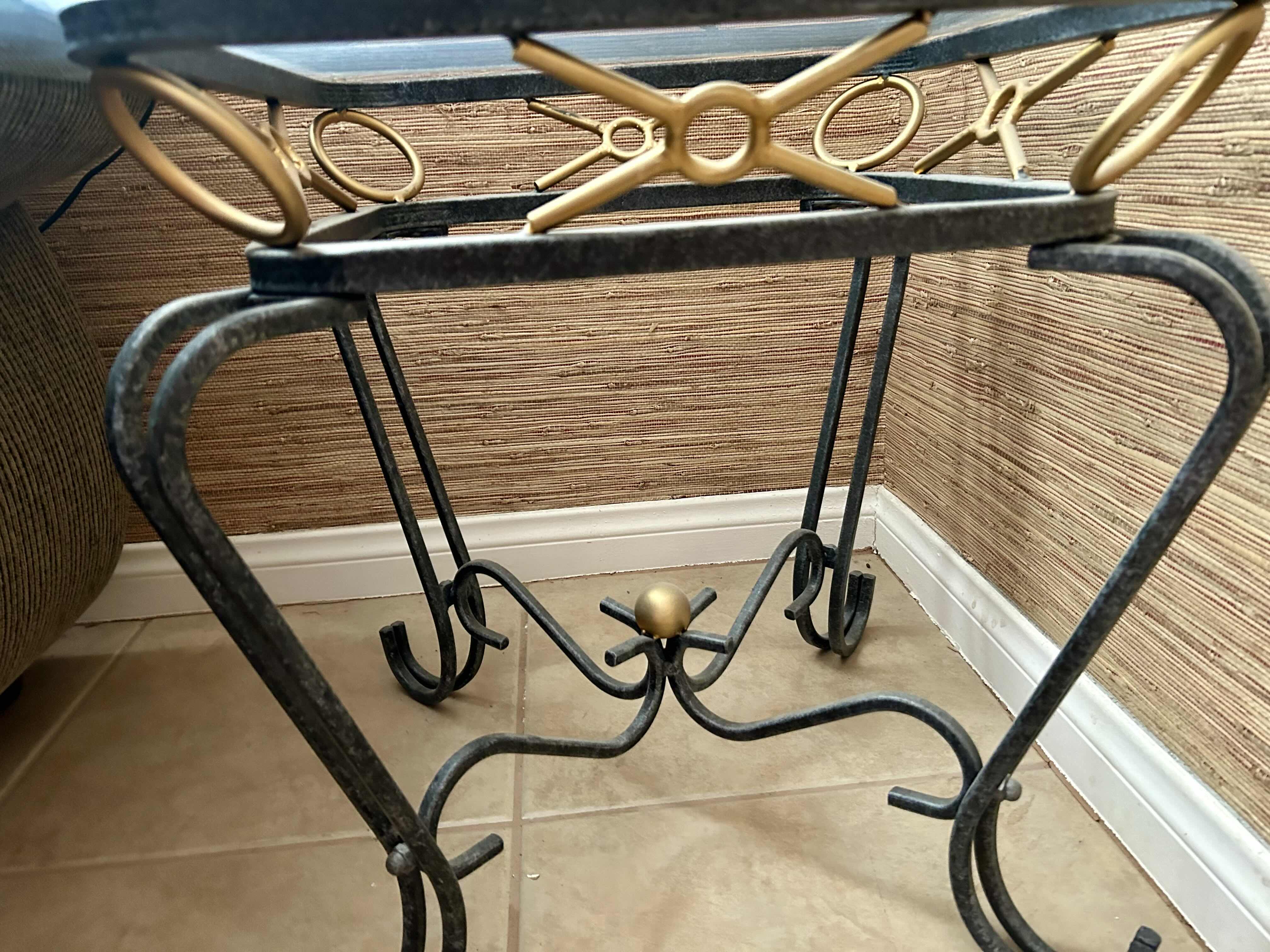 Photo 1 of END TABLE BLACK IRON W GLASS & GOLD ACCENTS 20" X 18" H17"
