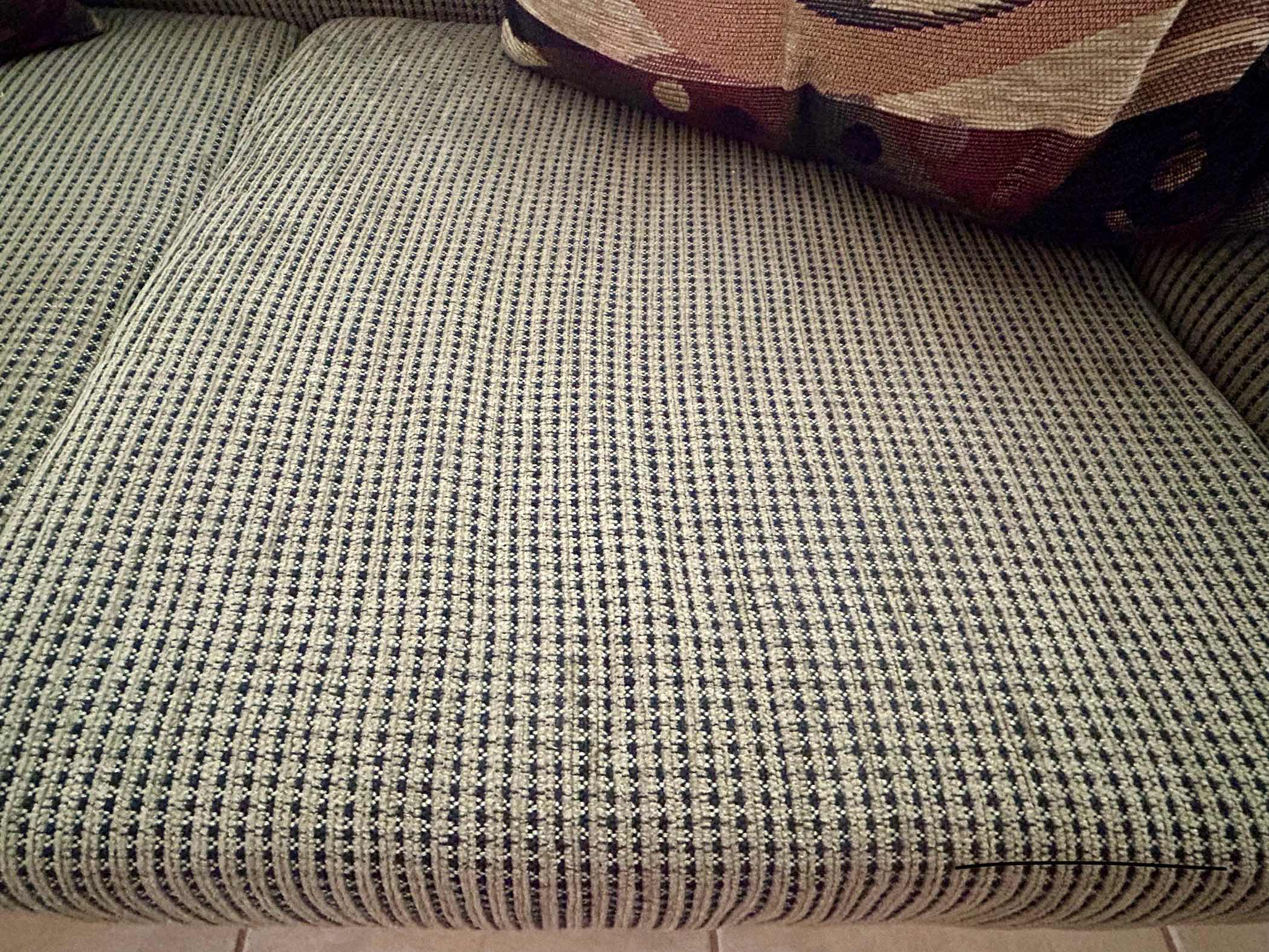 Photo 3 of 5' OLIVE GREEN UPHOLSTERED LOVESEAT W 2 ABSTRACT PILLOWS