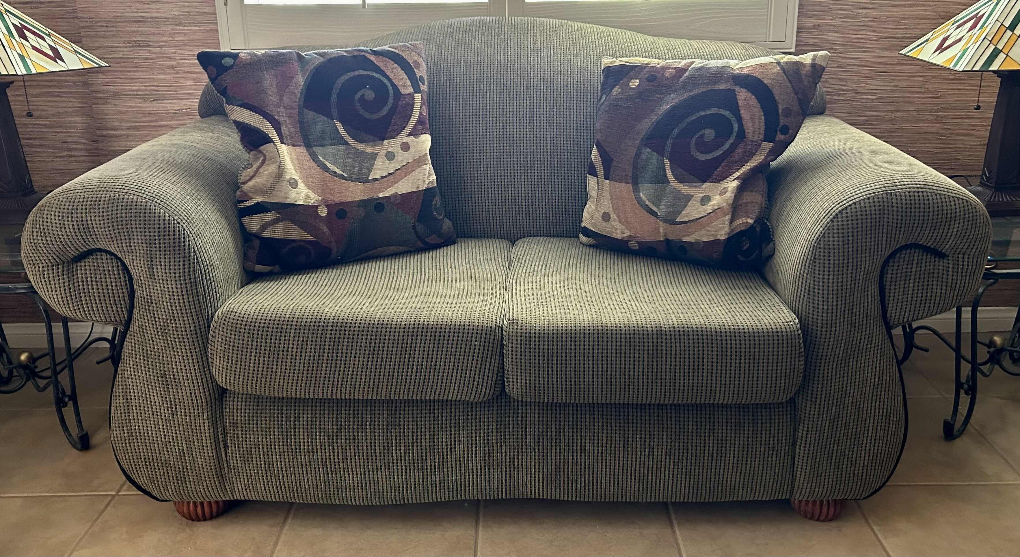 Photo 1 of 5' OLIVE GREEN UPHOLSTERED LOVESEAT W 2 ABSTRACT PILLOWS