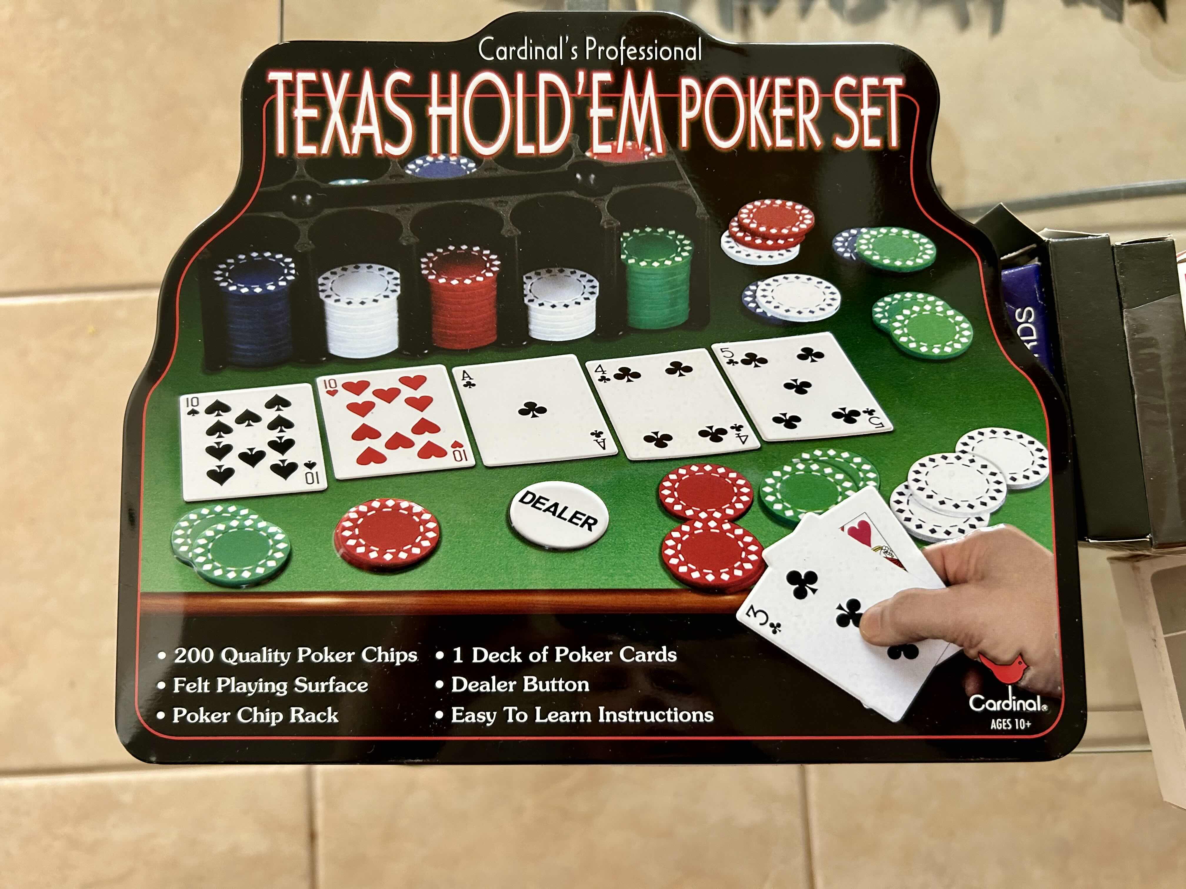 Photo 1 of COLLECTION OF POKER ITEMS: TEXAS HOLD’EM POKER SET WITH ADDITIONAL PLAYING CARDS AND BAG OF DICE