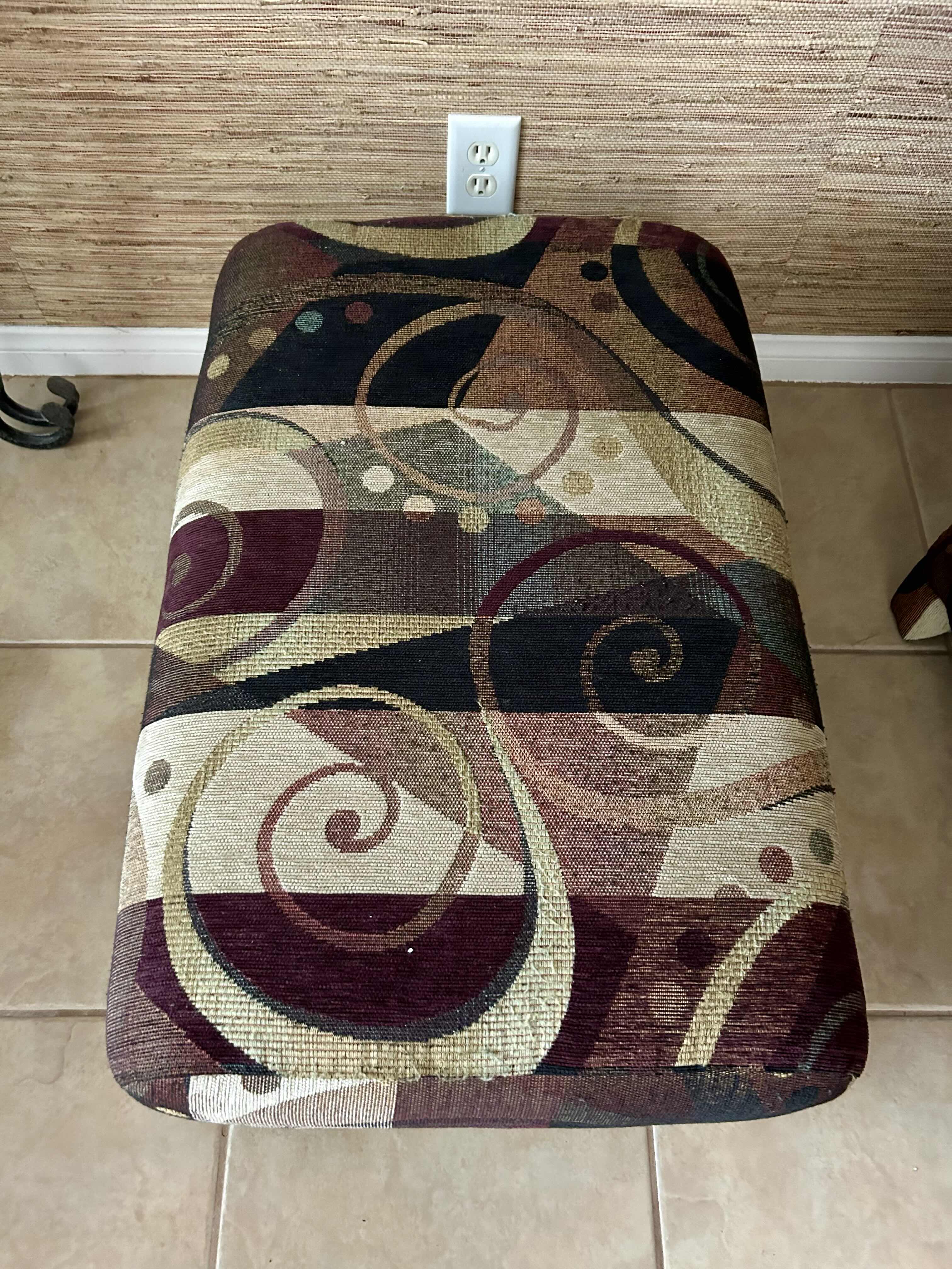 Photo 1 of ARM CHAIR AND OTTOMAN W PURPLE ABSTRACT UPHOLSTERY
