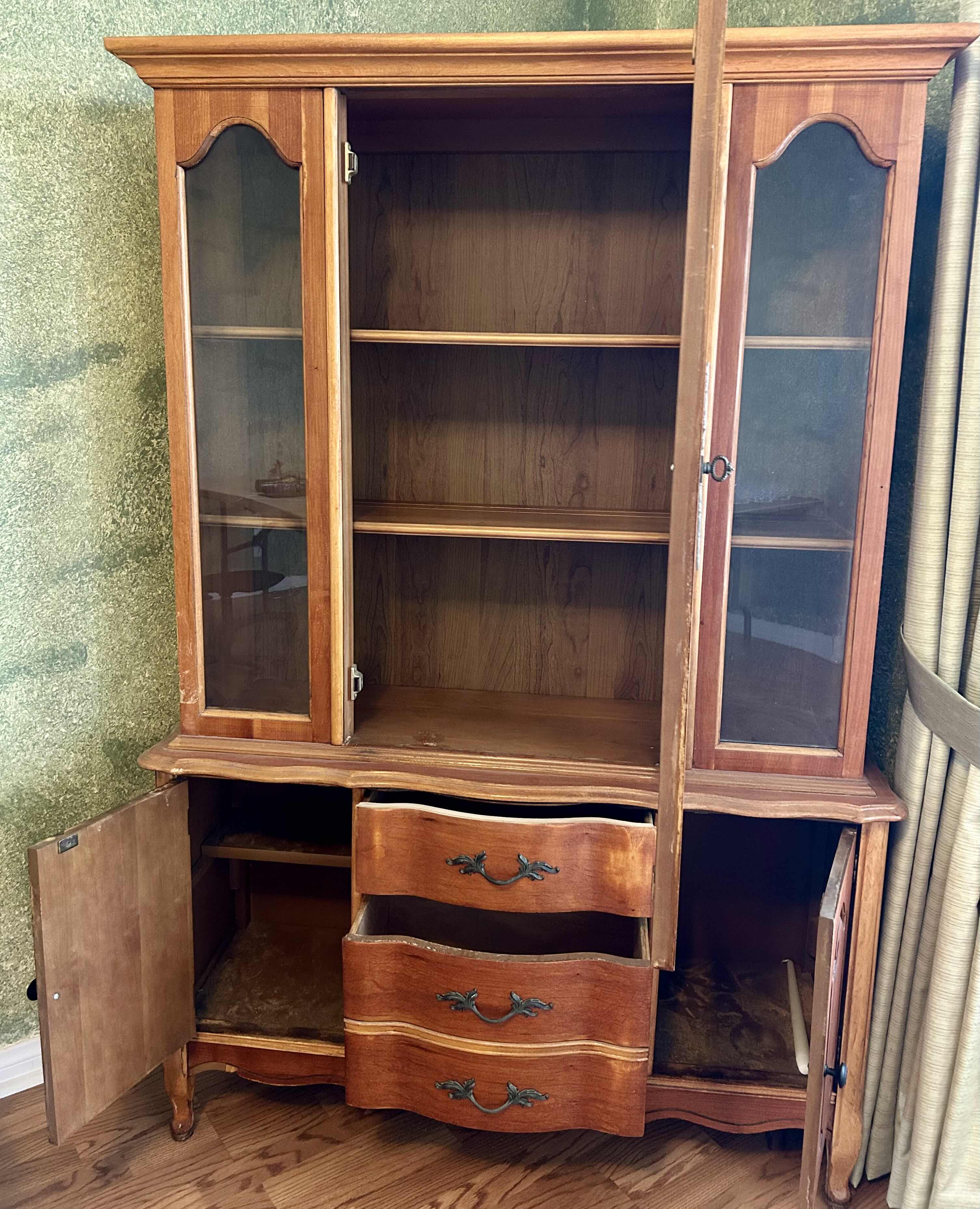 View 3 of BASSETT WOOD PROVINCIAL BUFFET HUTCH CABINET 47” X 15” H 70”
