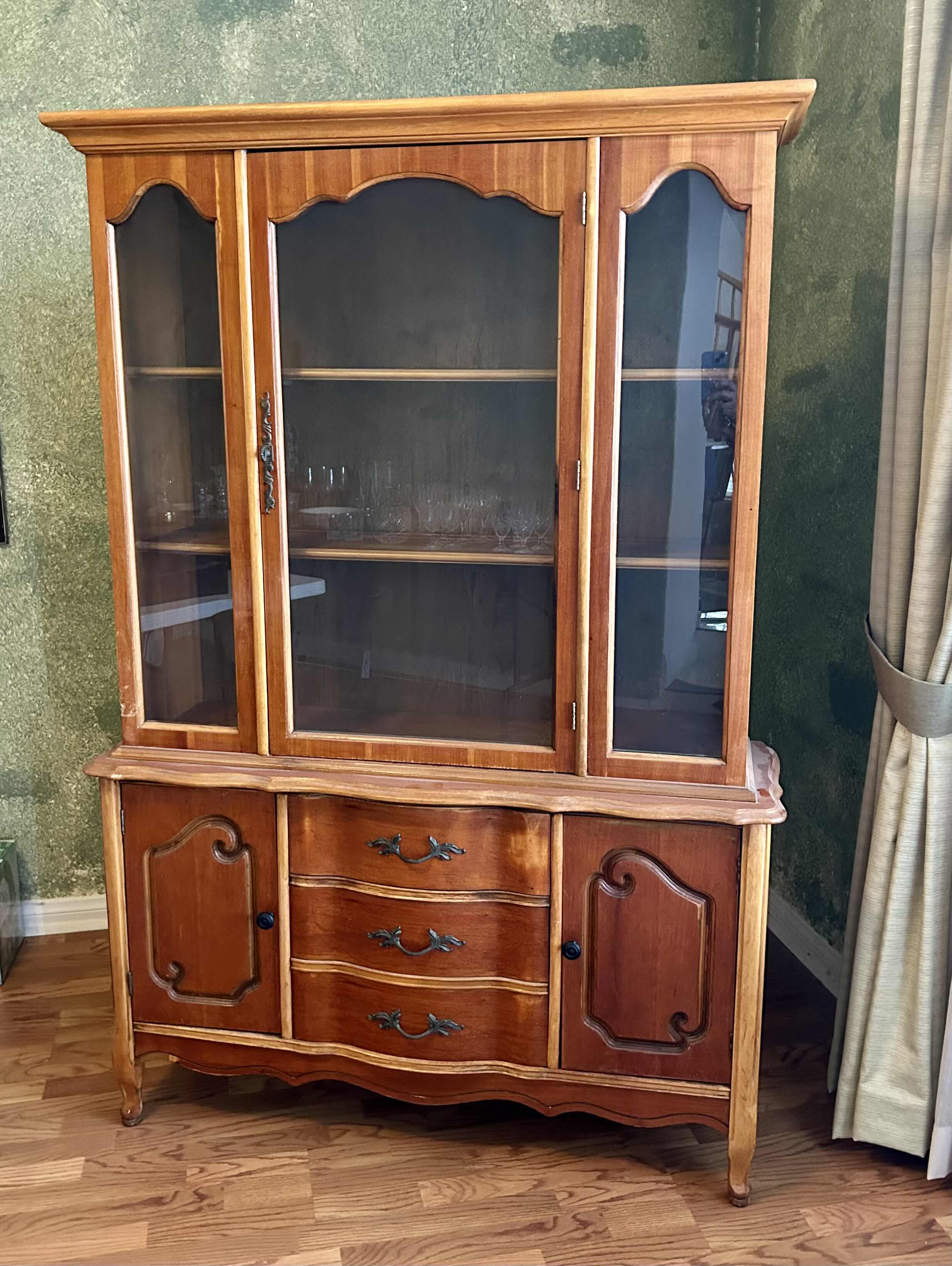 View 1 of BASSETT WOOD PROVINCIAL BUFFET HUTCH CABINET 47” X 15” H 70”
