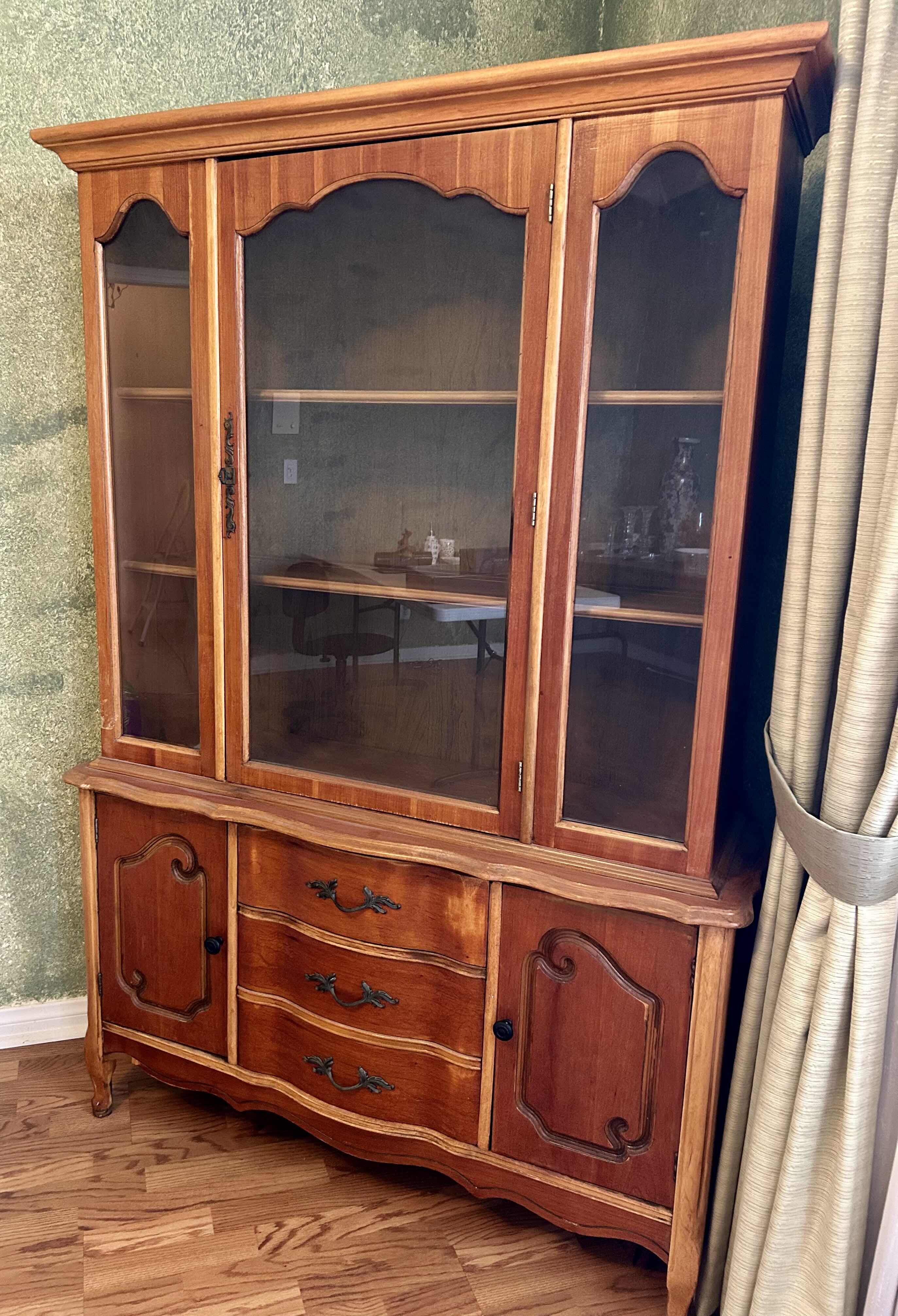 View 2 of BASSETT WOOD PROVINCIAL BUFFET HUTCH CABINET 47” X 15” H 70”
