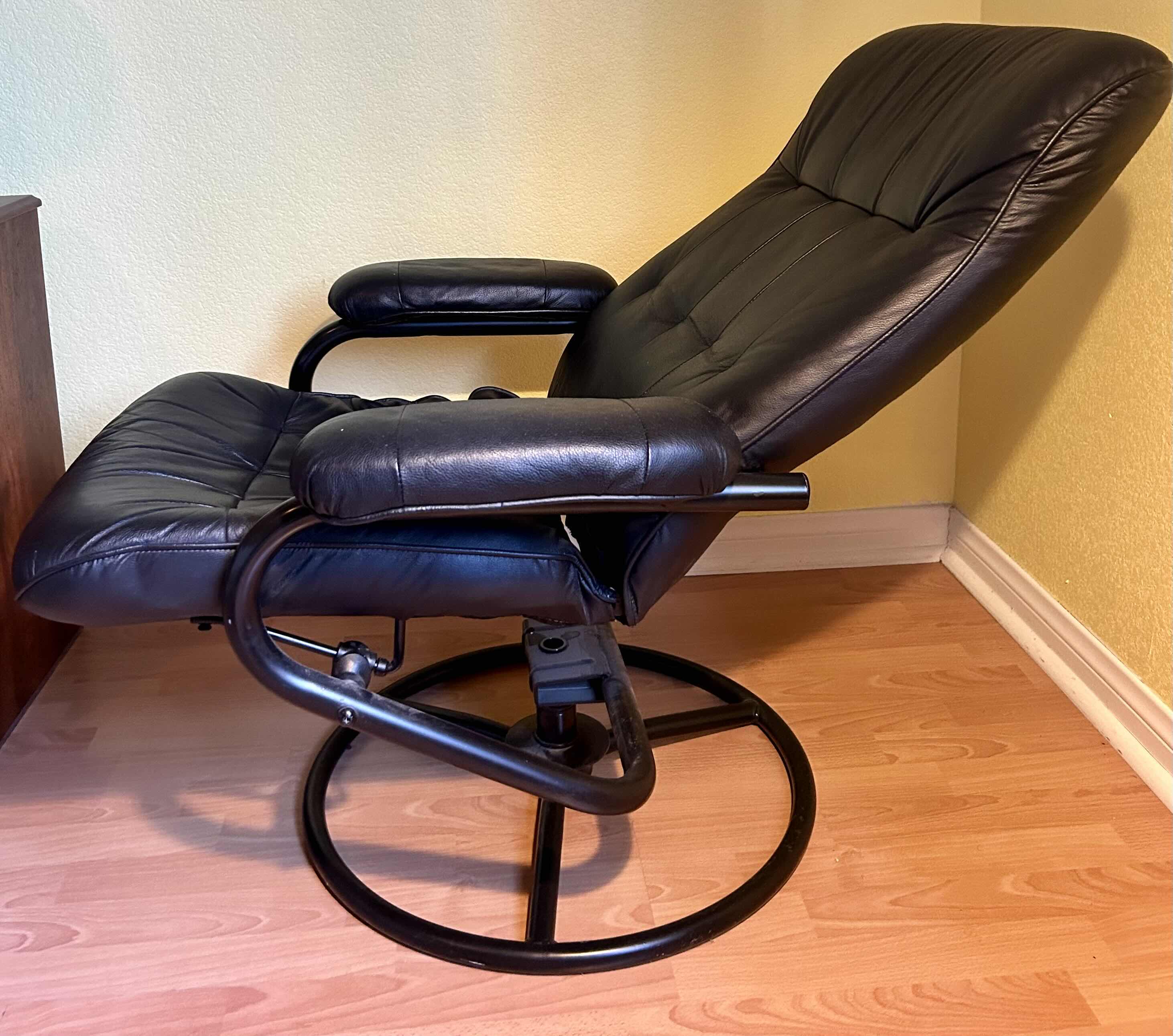 Photo 1 of BLACK LEATHER STRESSLESS STYLE RECLINING CHAIR WITH MATCHING OTTOMAN
