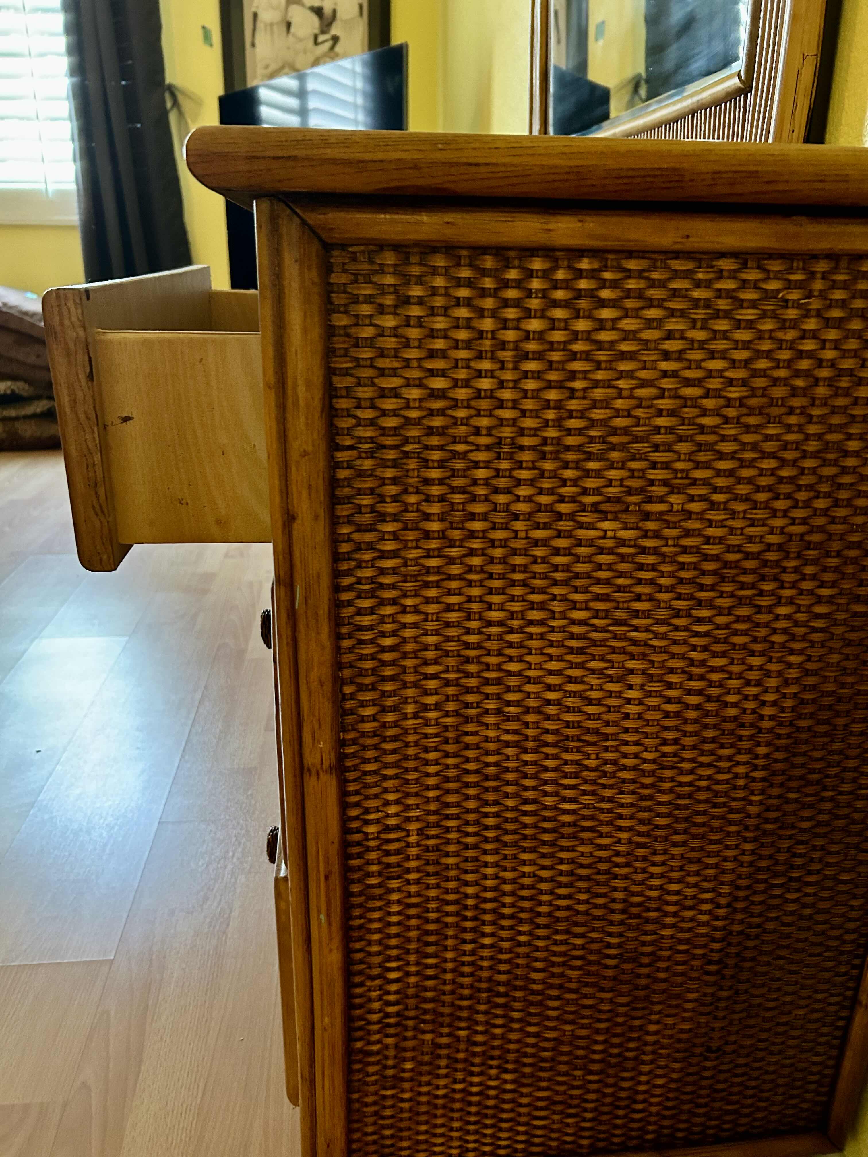 Photo 1 of POLYNESIAN WICKER RATTAN TROPICAL DRESSER WITH ATTACHED BEVELED MIRROW  67” X 18” H84”
