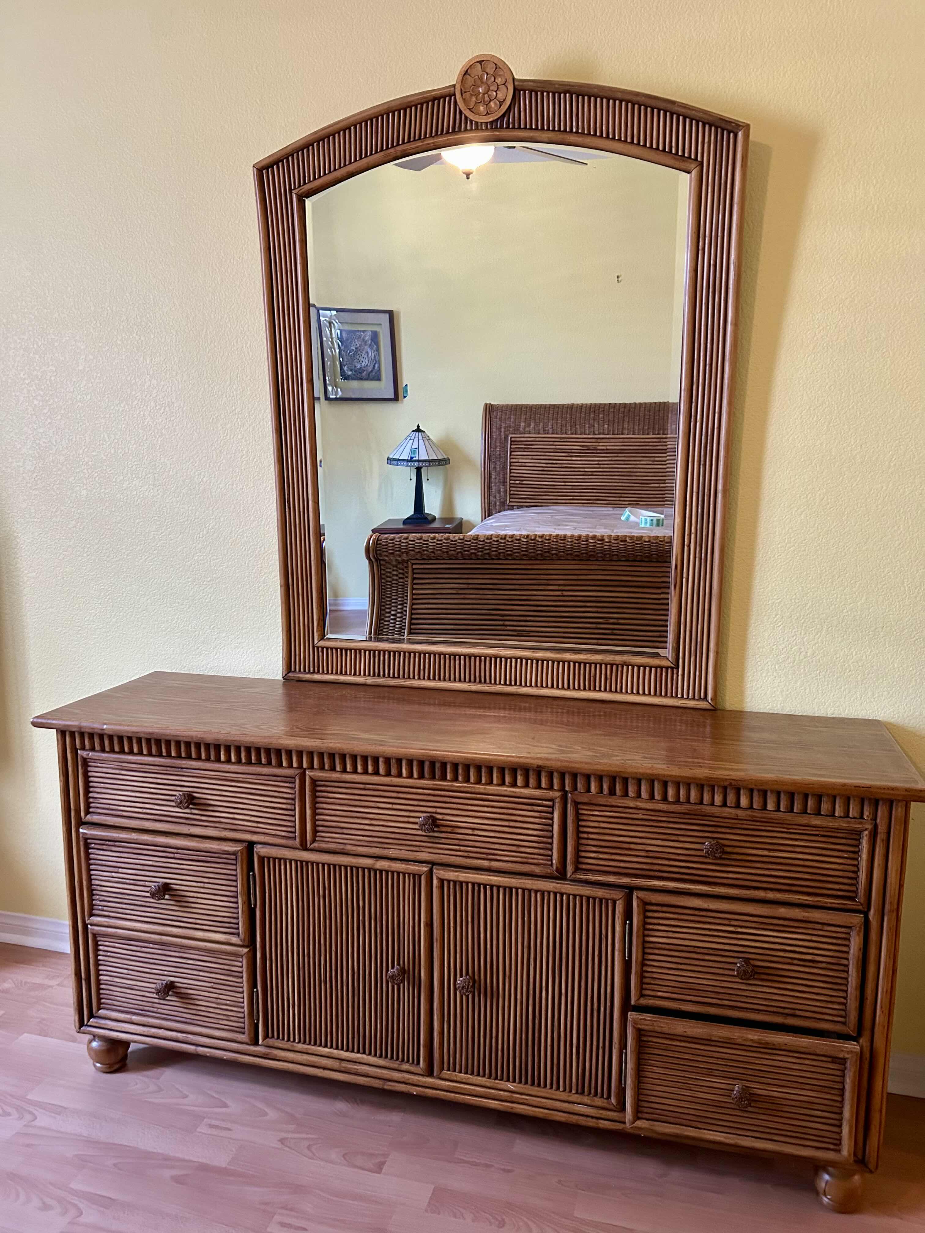Photo 1 of POLYNESIAN WICKER RATTAN TROPICAL DRESSER WITH ATTACHED BEVELED MIRROW  67” X 18” H84”
