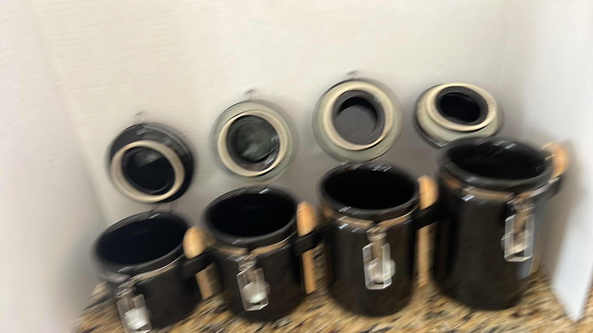 Photo 1 of 4-NAVY BLUE CERAMIC CANISTER SET W WOODEN SPOONS