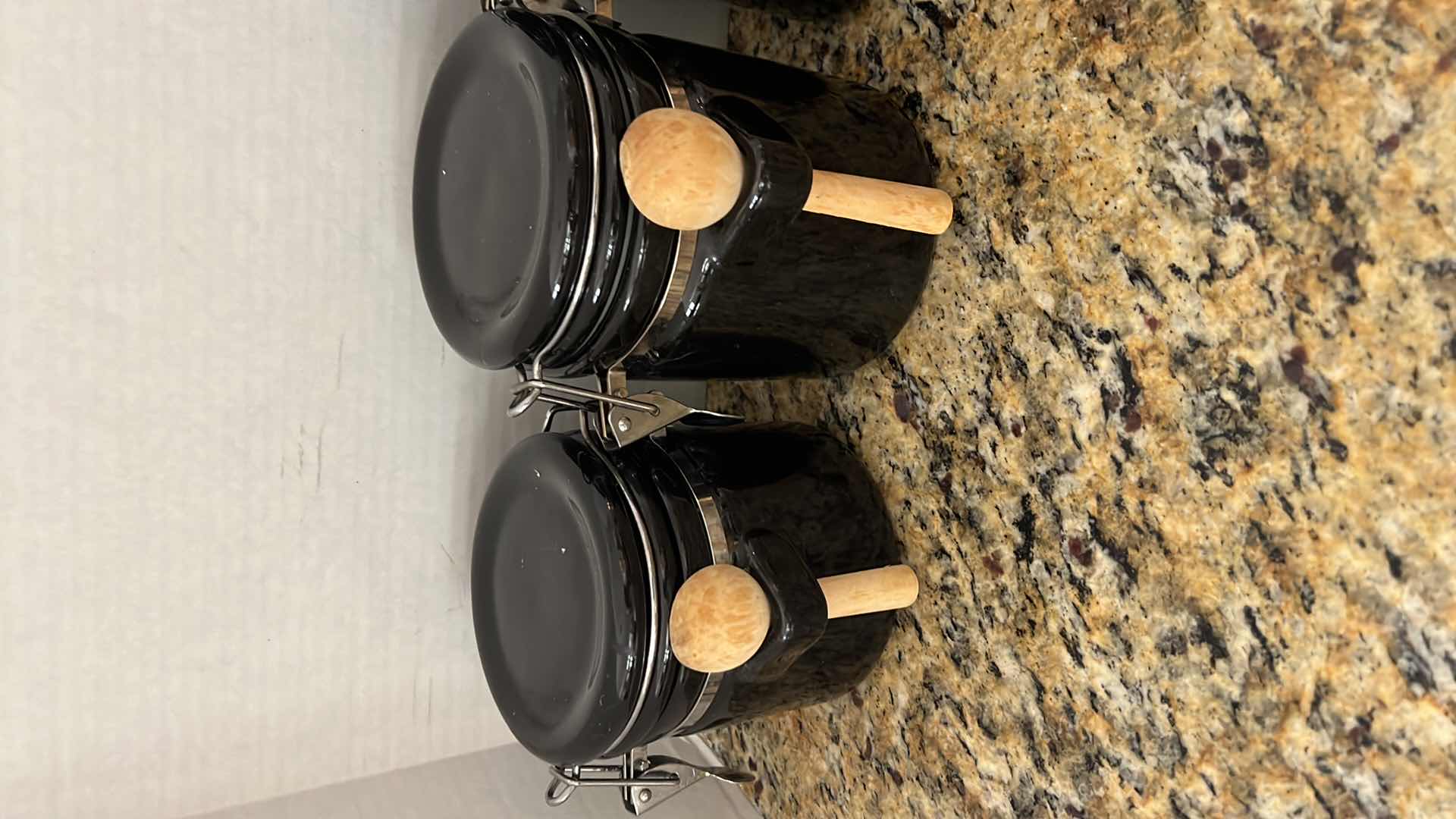 Photo 1 of 4-NAVY BLUE CERAMIC CANISTER SET W WOODEN SPOONS