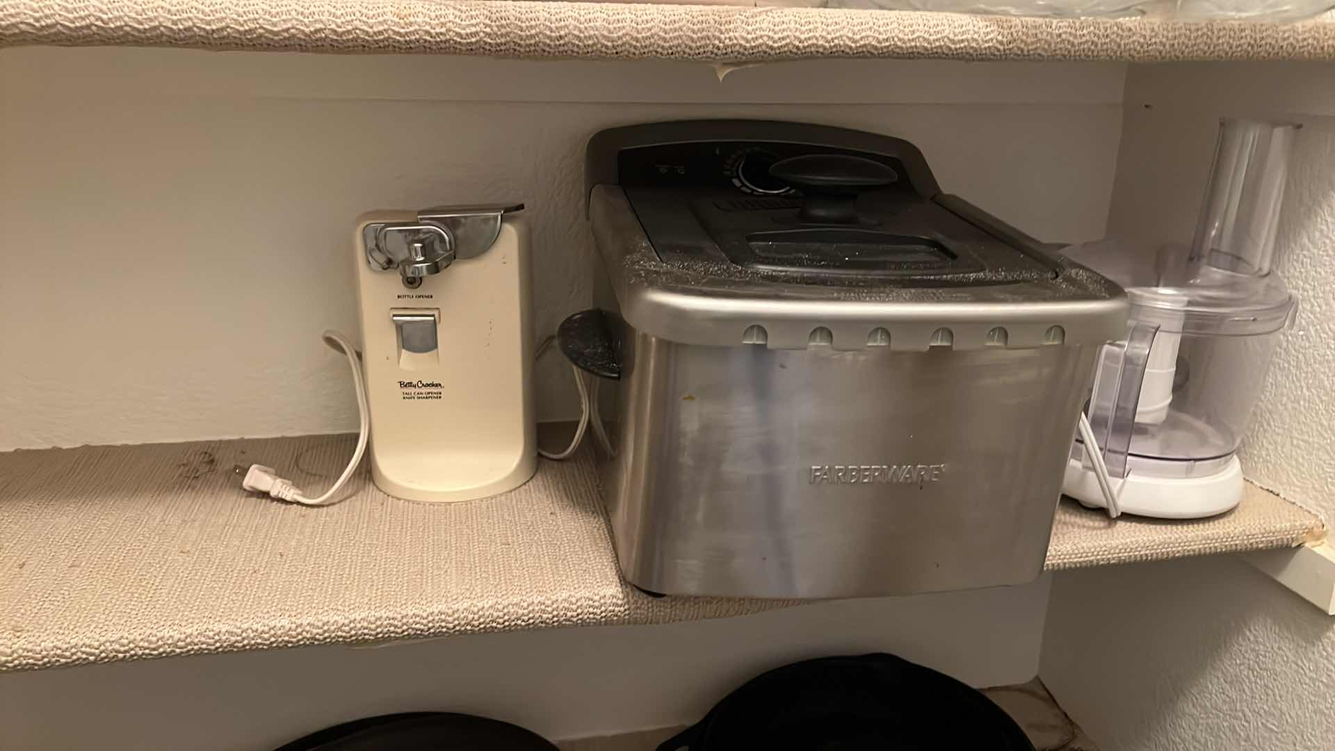 Photo 1 of CONTENTS OF 4 KITCHEN PANTRY SHELVES-CAST IRON SKILLETS, CAN OPENER, FRYER