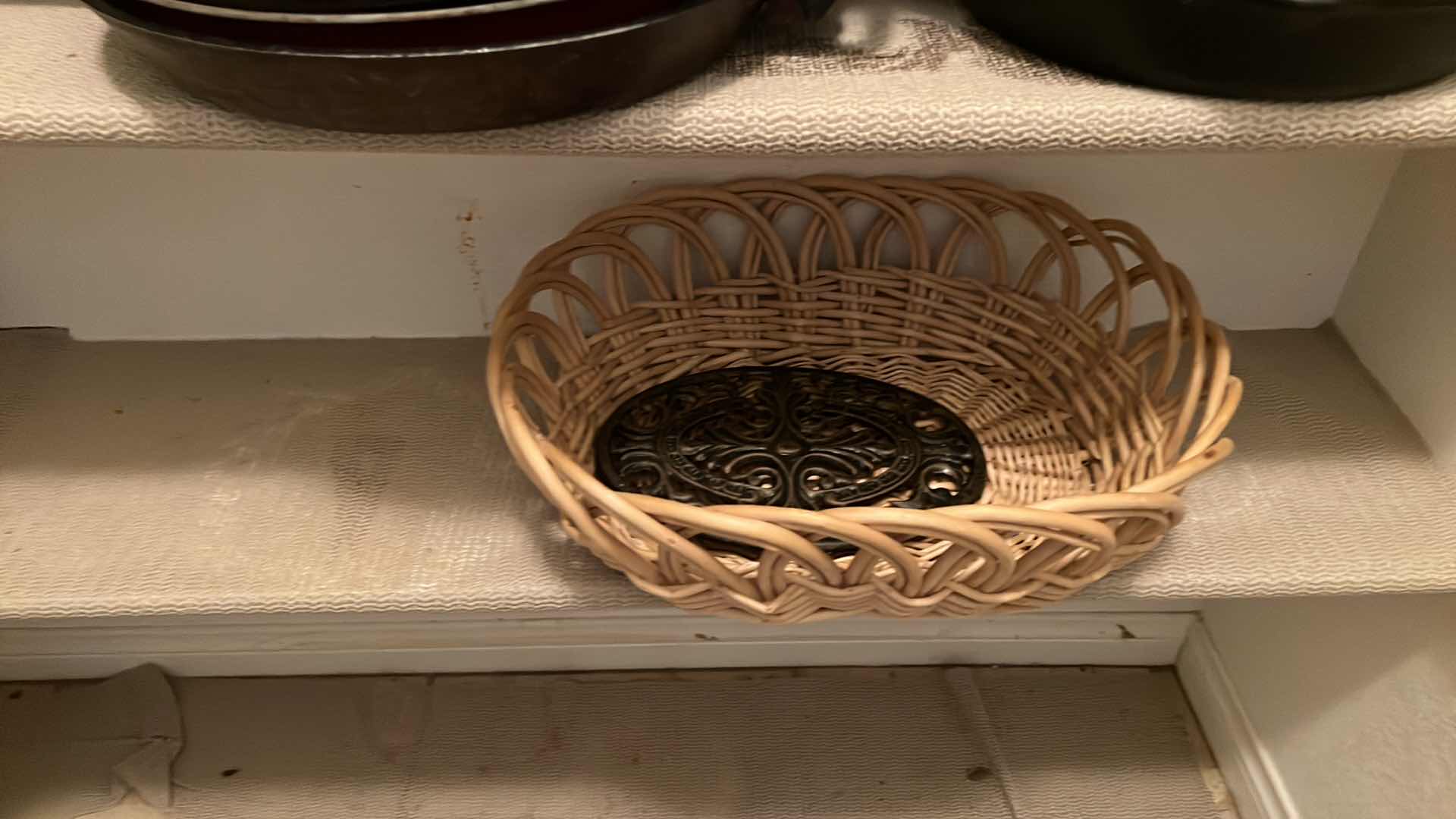 Photo 1 of CONTENTS OF 4 KITCHEN PANTRY SHELVES-CAST IRON SKILLETS, CAN OPENER, FRYER