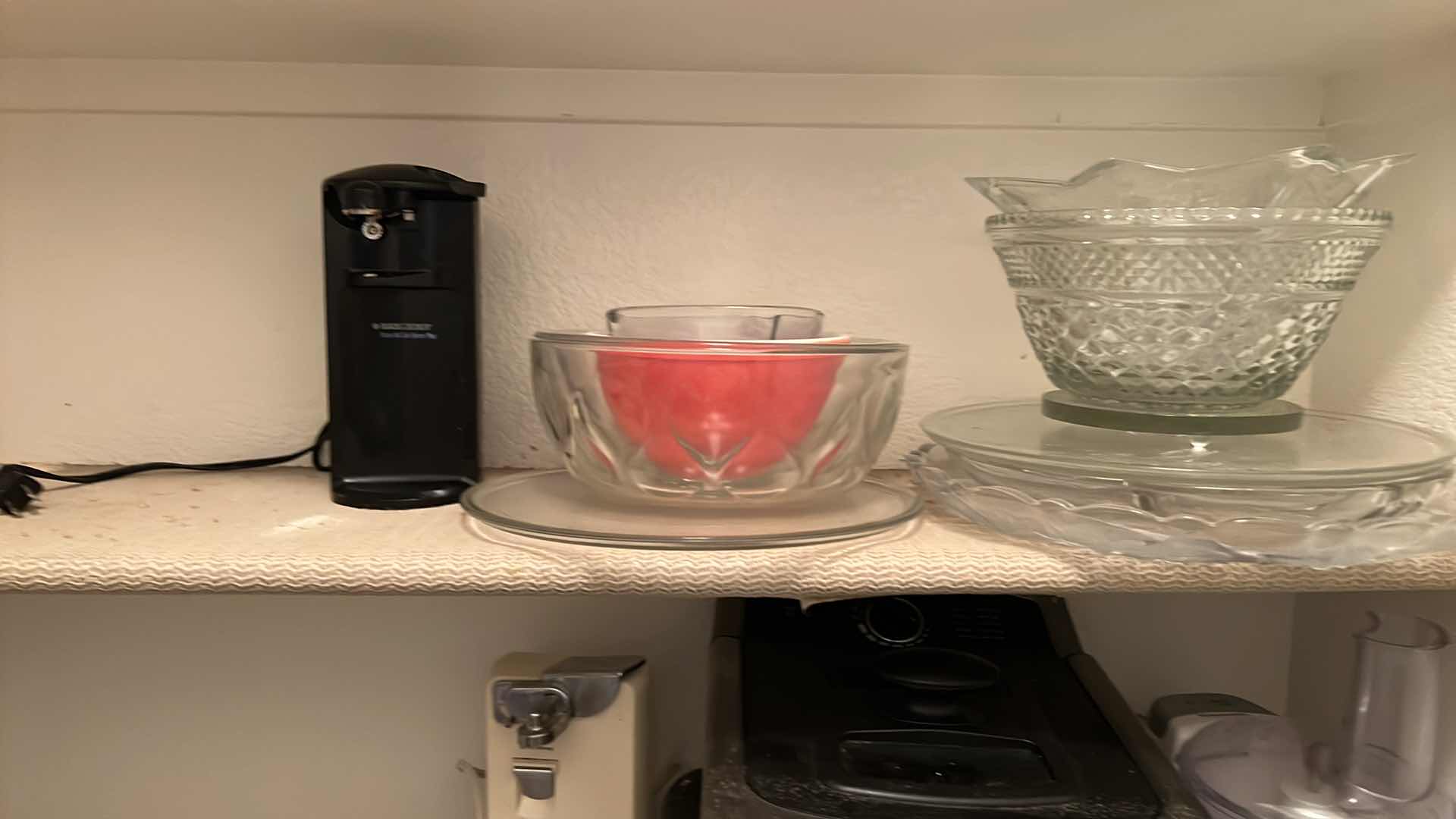 Photo 1 of CONTENTS OF 4 KITCHEN PANTRY SHELVES-CAST IRON SKILLETS, CAN OPENER, FRYER