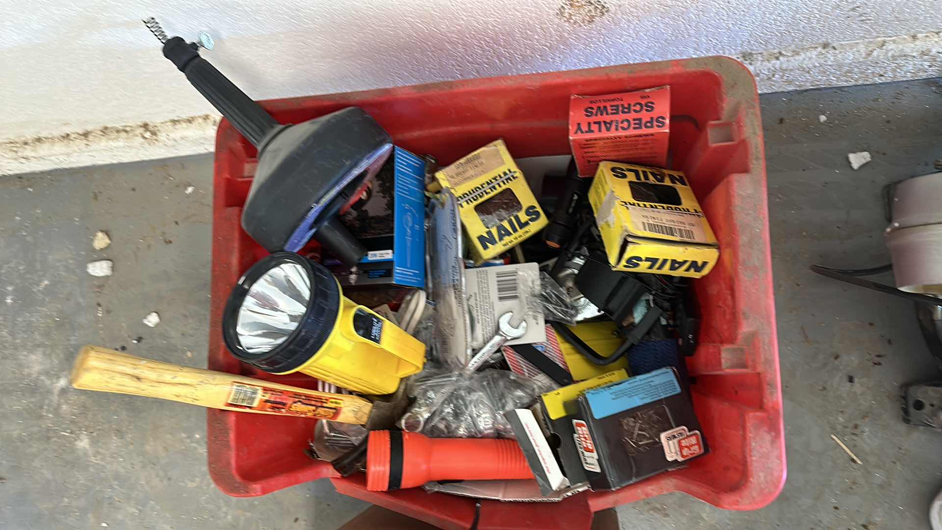 Photo 1 of BOX OF GARBAGE TOOLS , NAILS,LIGHTS,PAINT ITEMS