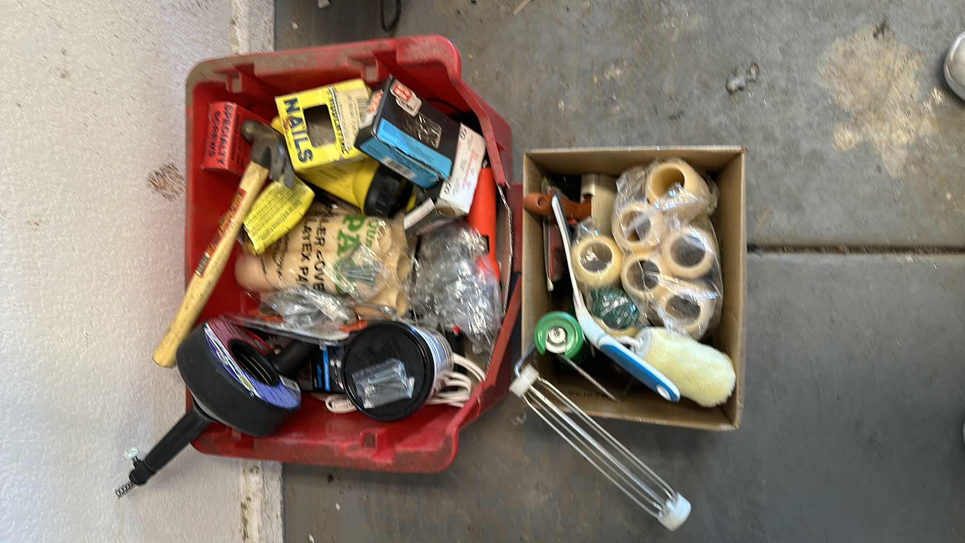 Photo 1 of BOX OF GARBAGE TOOLS , NAILS,LIGHTS,PAINT ITEMS