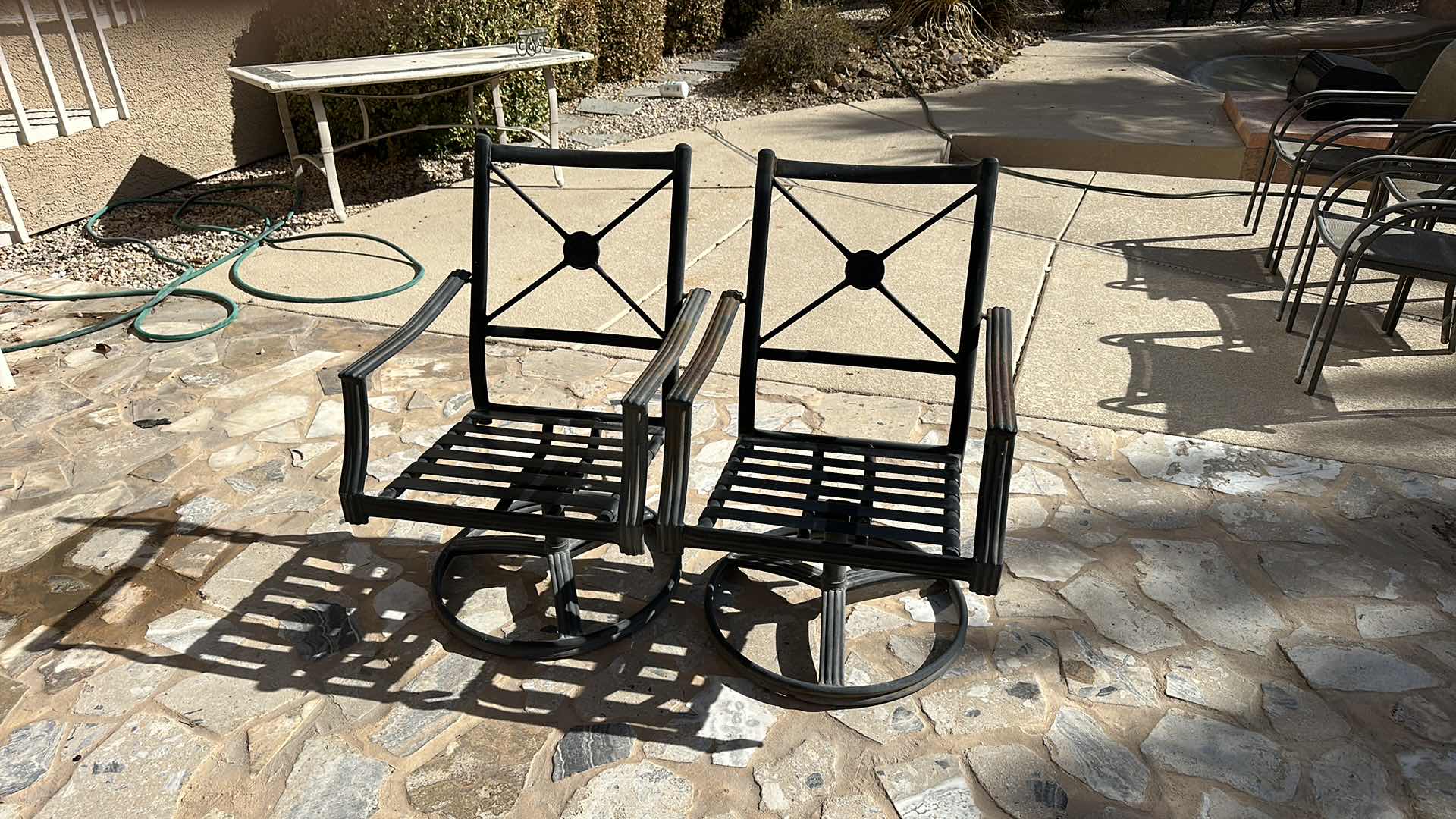 Photo 1 of 4' ROUND BLACK METAL PATIO TABLE W 2 SWIVEL ARM CHAIRS